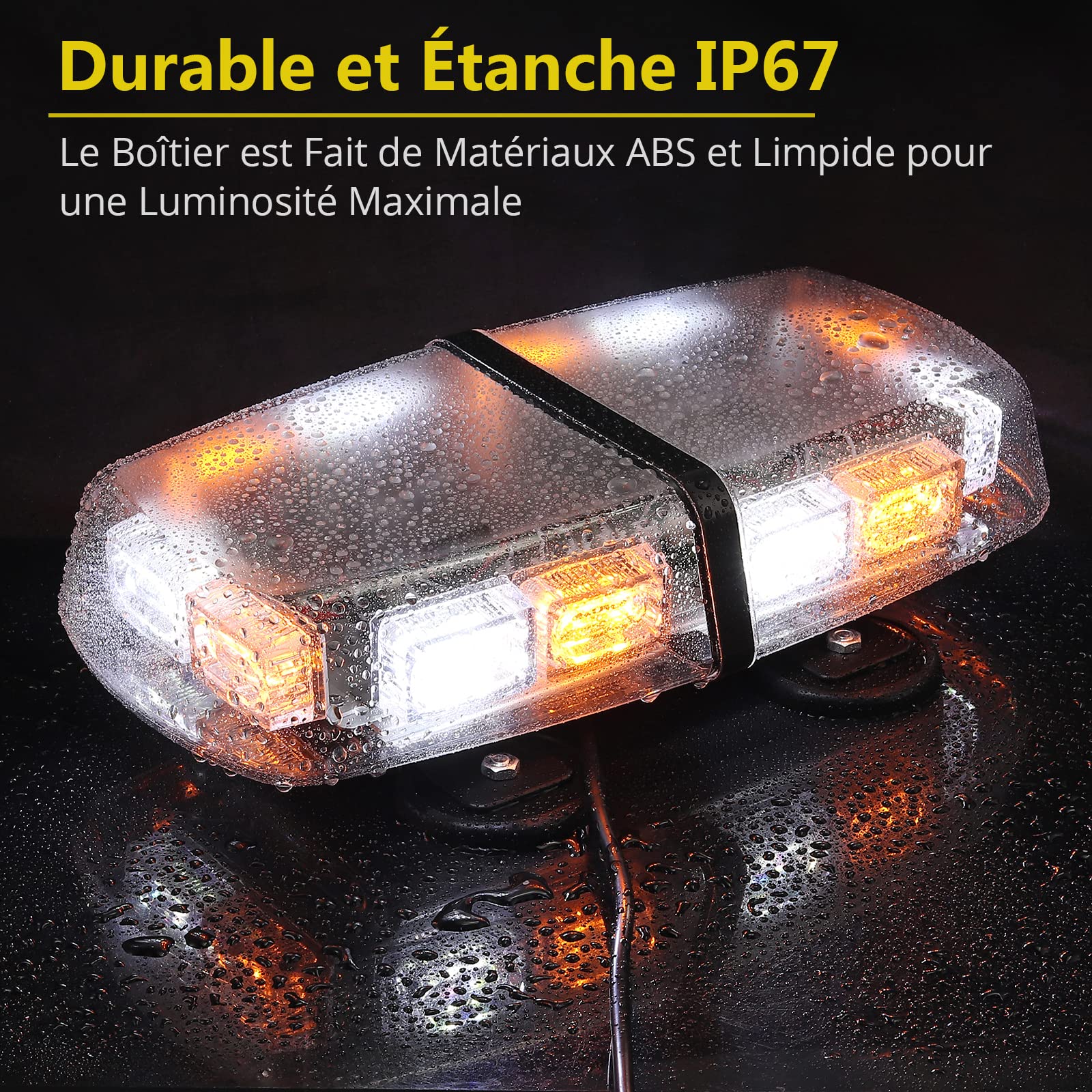 PROZOR 12 / 24V 36 Led Barre de LED D'Urgence 4 Forte Magnétique Lampe d'Avertissement Stroboscopique Avertissement Stroboscope Lumière Balise 3 Coulour Ambre + Blanc 36W pour Véhicule Camion Remorque