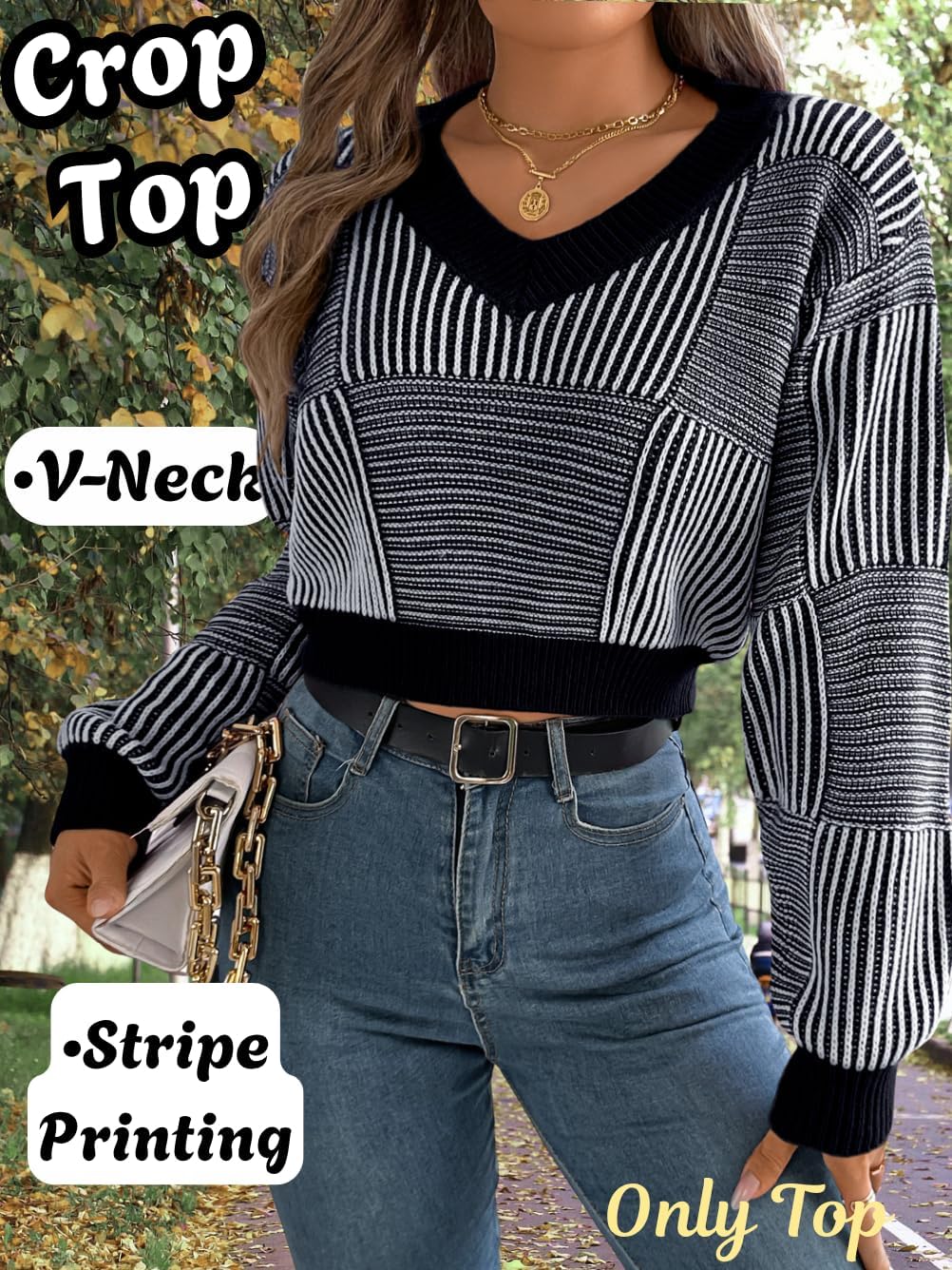 Womens Sexy V Neck Striped Cropped Sweater, Knit Lightweight Long Sleeve Crop Top, Date Outfits Fall Causal Going Out - Image 2