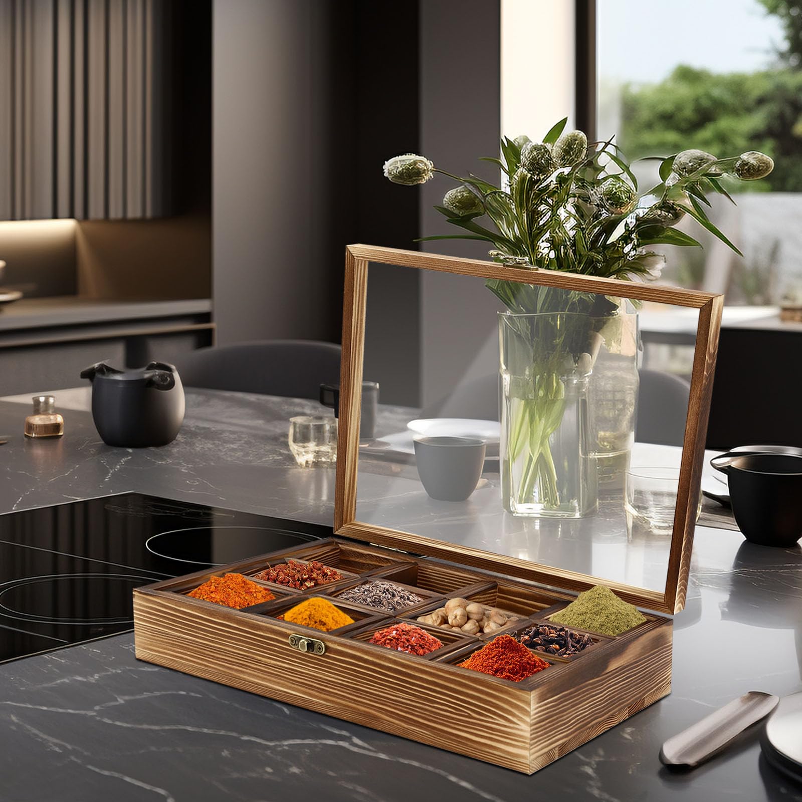 Portaspezie in legno di pino organizzatore con 12 scomparti, coperchio e cucchiaio, porta spezie marrone, 30 x 22,5 x 7 cm, posate da cucina, organizer per ufficio, casa, cucina e bar