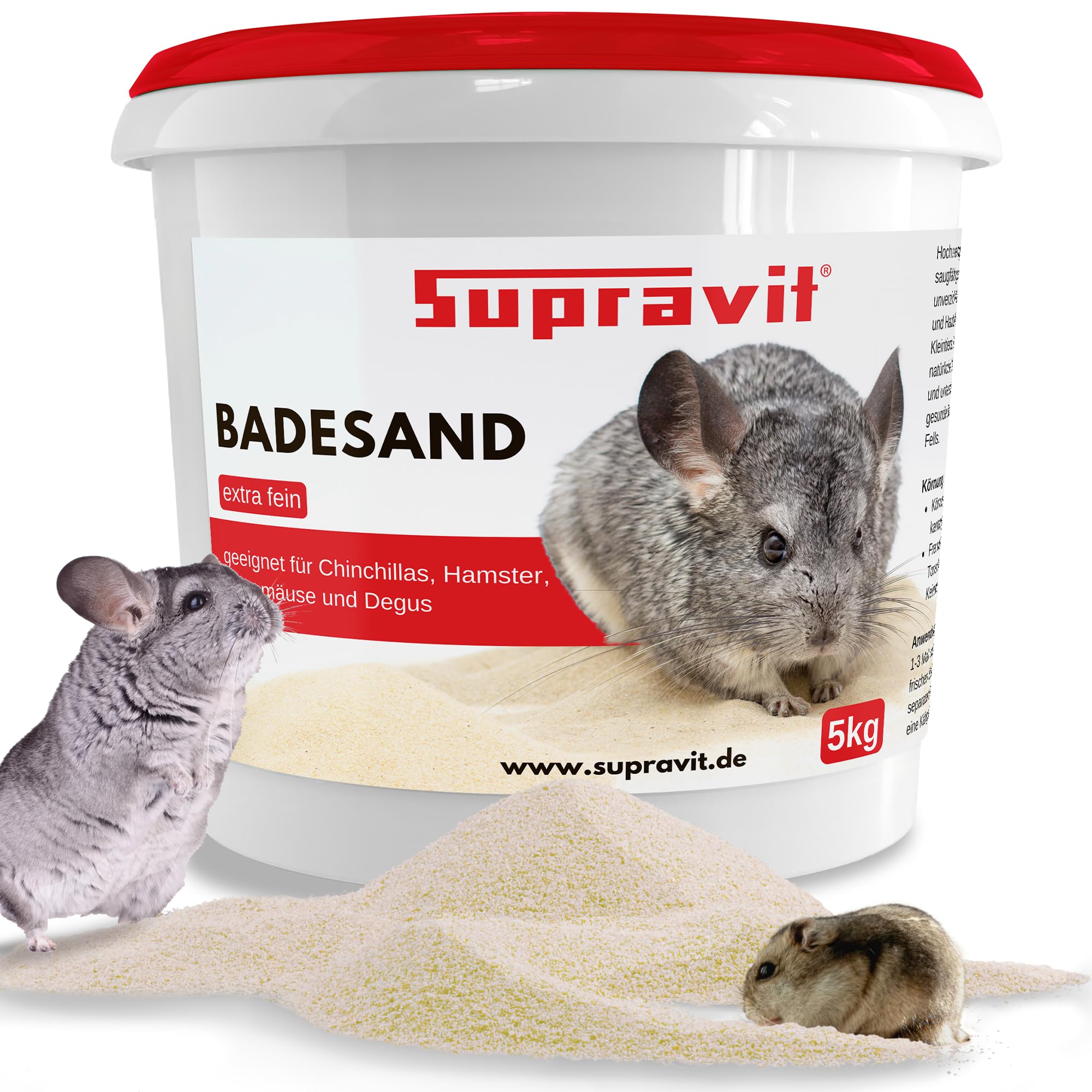 Supravit Chinchilla Sand fein | 5kg feiner Badesand | Staubfreier Sand | Sandbad für Hamster | Nagerbadesand für Chinchilla, Degu, Gerbil, Farbmaus, Kleintiere