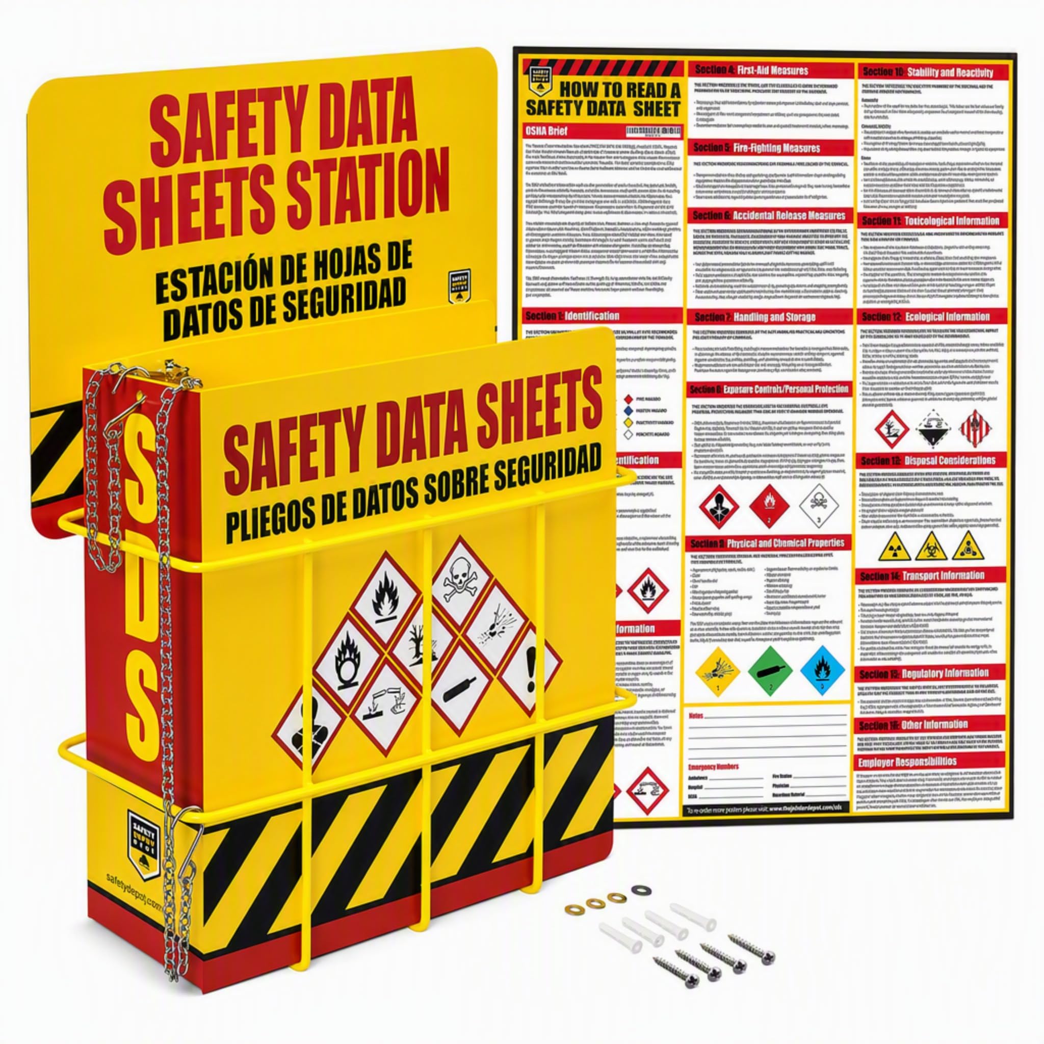 SDS Display Rack with Heavy Duty 3 Inch Ring Binder Wire Rack Station Sign Chain Mounting Hardware and Poster | MSDS Safety Data Sheet Complete Kit Holds 600 Sheets Wire Rack Display Sign Cha product thumbnail 3