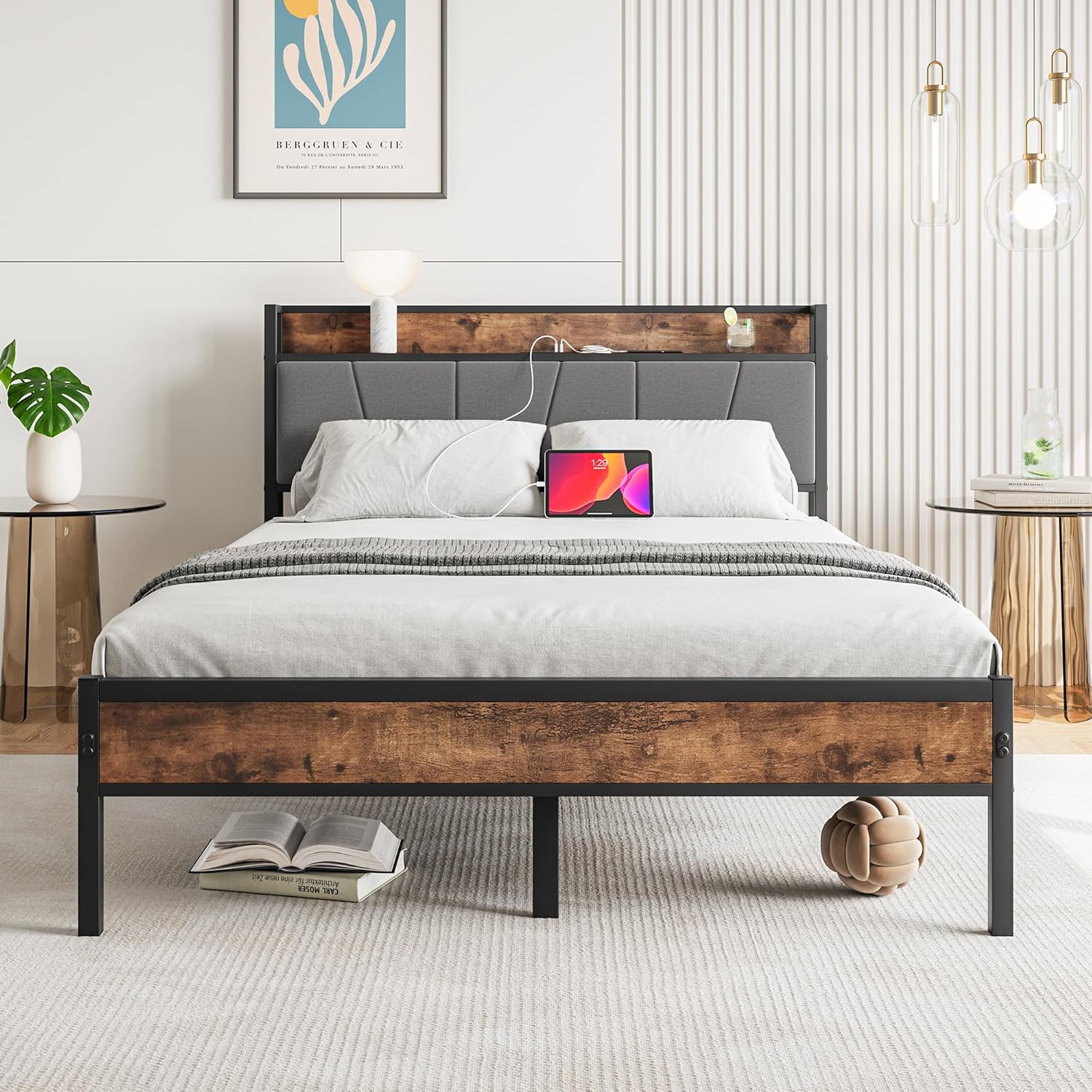 BOFENG Full Size Bed Frame with Storage Headboard,Power Outlet,USB Port,Upholstered Metal Platform Bed Frame Full Size with Charging Station,Strong Metal Slats,No Box Spring Needed,Noise Free,Brown Rustic Brown/Grey Full