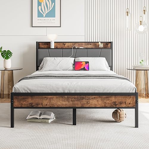 BOFENG Base de cama de tamaño matrimonial con cabecera de almacenamientoestación de carga, base de cama tapizada de metal resistente, tamaño