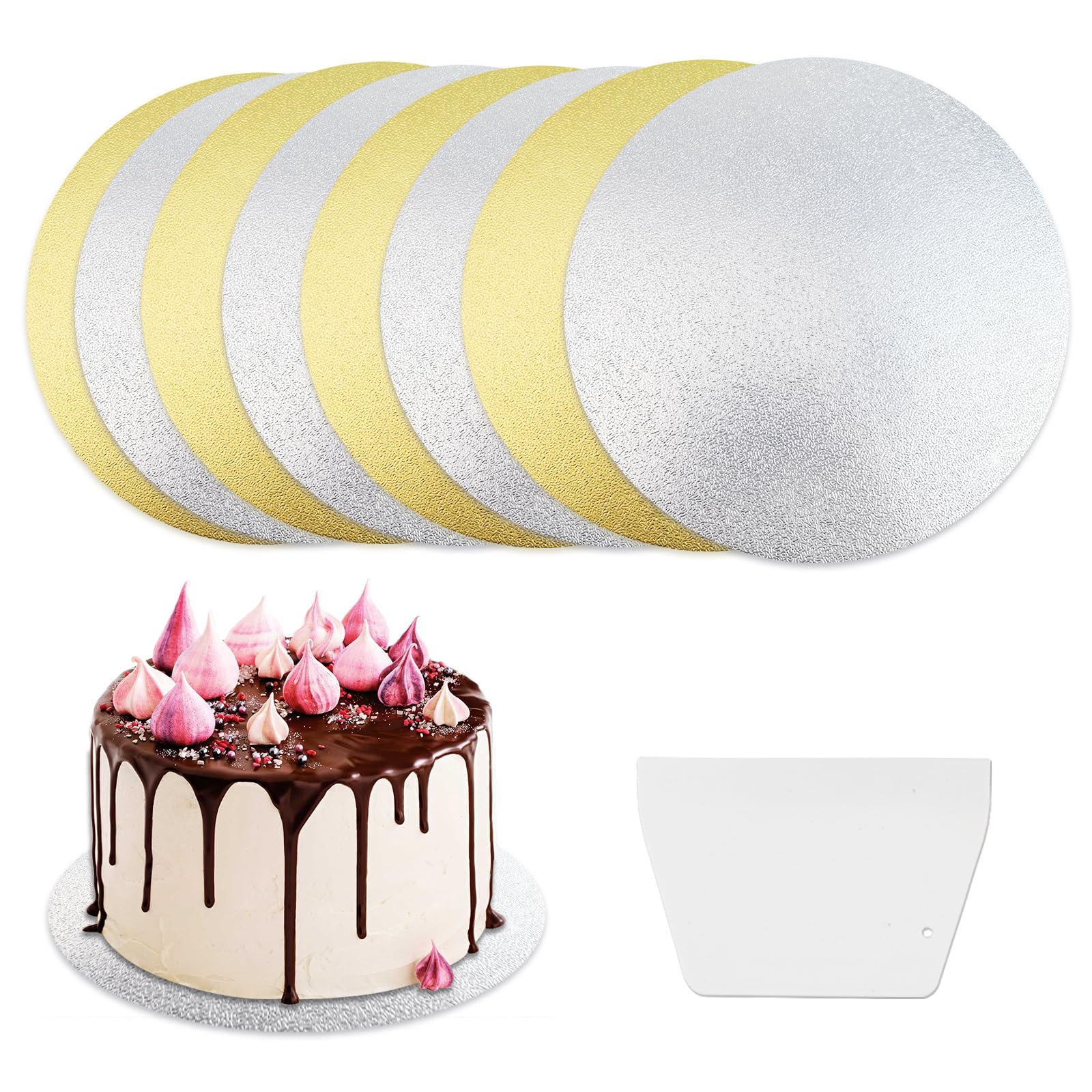 Juego De 8 Bases Para Tartas Redondas - Cartón Plateado Y Dorado, 20.3 Cm, Con Rascador Incluido