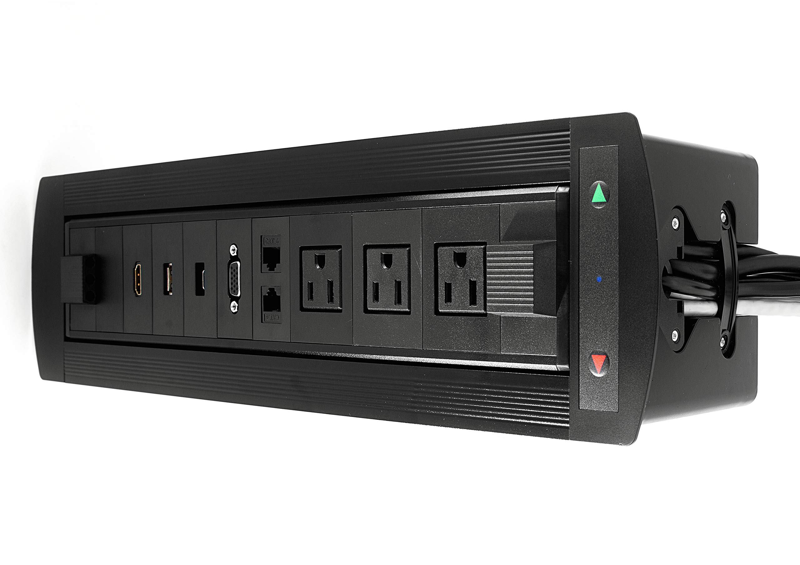 Motorized Connectivity Box for Conference Room Tables 3 AC + 1 HDMI + 1 USB Type C + 1 VGA + 2 RJ45 + 1 USB, Black Color