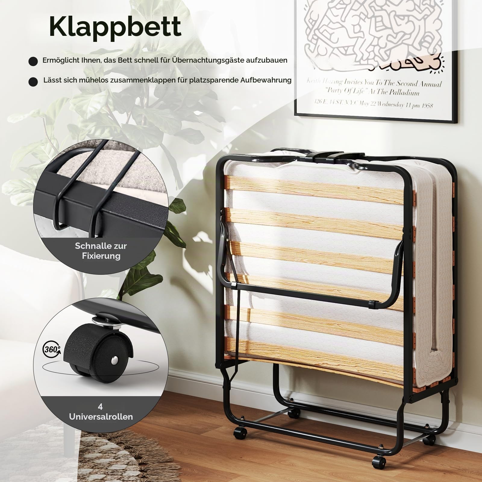 GIANTEX Klappbett 80x200 cm, Gästebett klappbar mit 4 Rollen, Reisebett Erwachsene, Klappbares Bett mit Matratze Memory-Foam, Einzelbett mit Lattenrosten, Faltbett Metallbett bis 120 kg belastbar