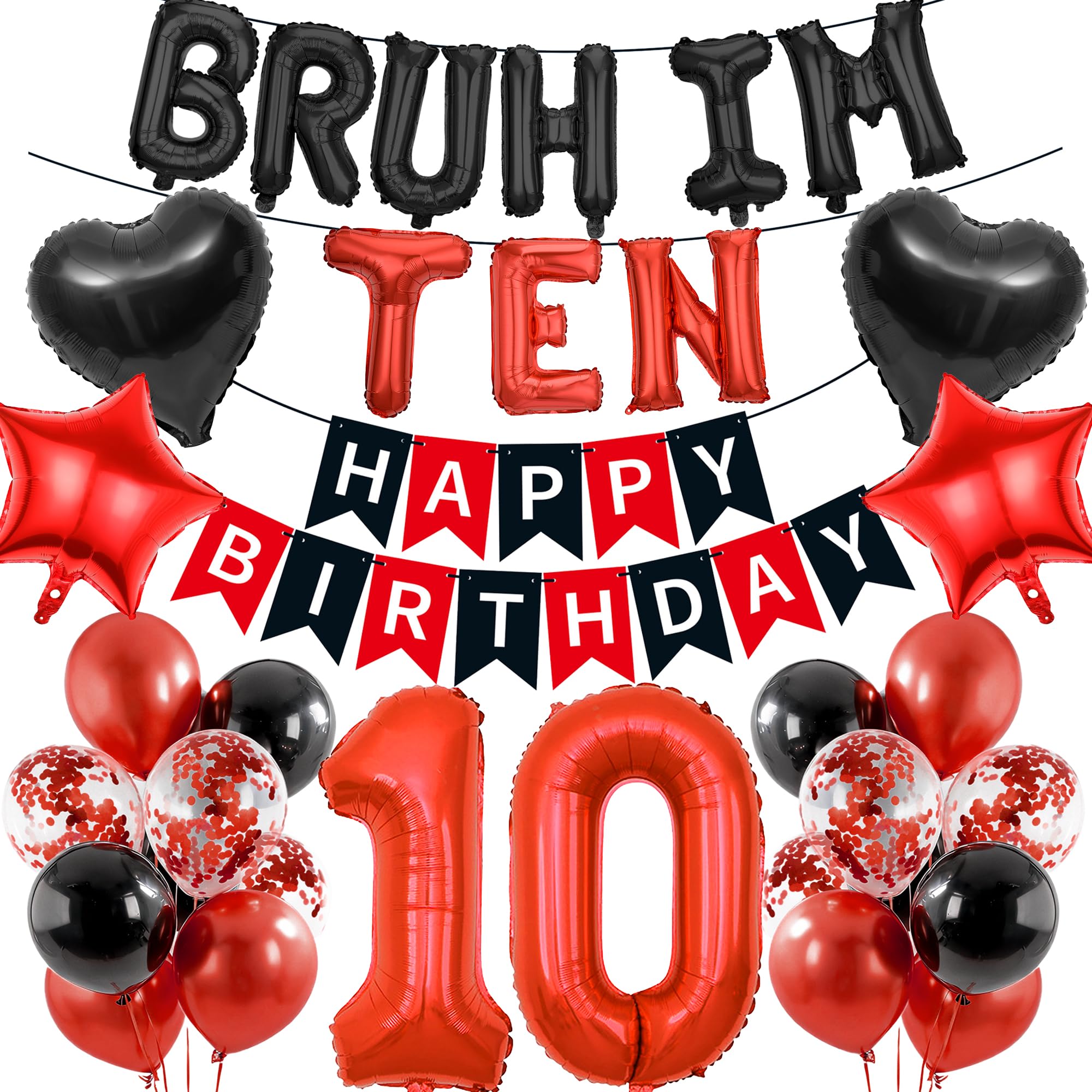 10th Birthday Decorations Banners Boy - 34 Pcs Black and Red Happy Birthday Banner BRUH I'M TEN Star Heart Number 10 Foil Balloons Decoration Sequin Balloons for 10 Years Old Boys Party Decor Supplies