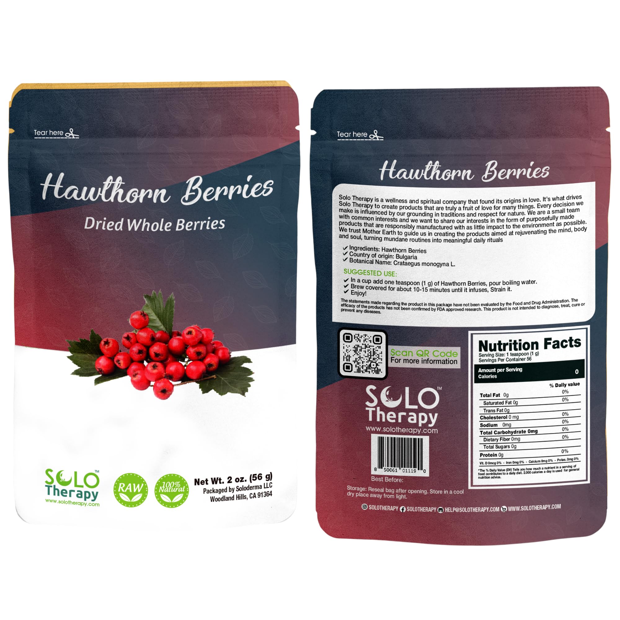 Hawthorn Berry Tea - 56 grams - Hawthorn Berries Whole Herbal Tea - Resealable Bag - 56 grams - Premium Quality (Hawthorn Berries)