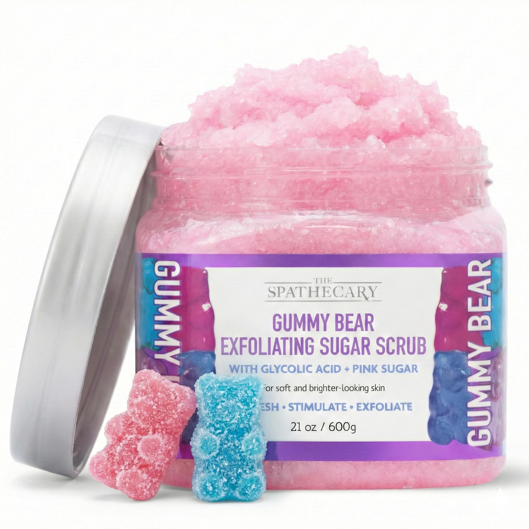 Gummy Bear Sugar Scrub - Exfoliating & Hydrating Body Scrub With Pink Sugar & Glycolic Acid To Help Smooth, Soft & Brighten For Radiant Skin, Body Care Exfoliator & Cleanser, 21 oz
