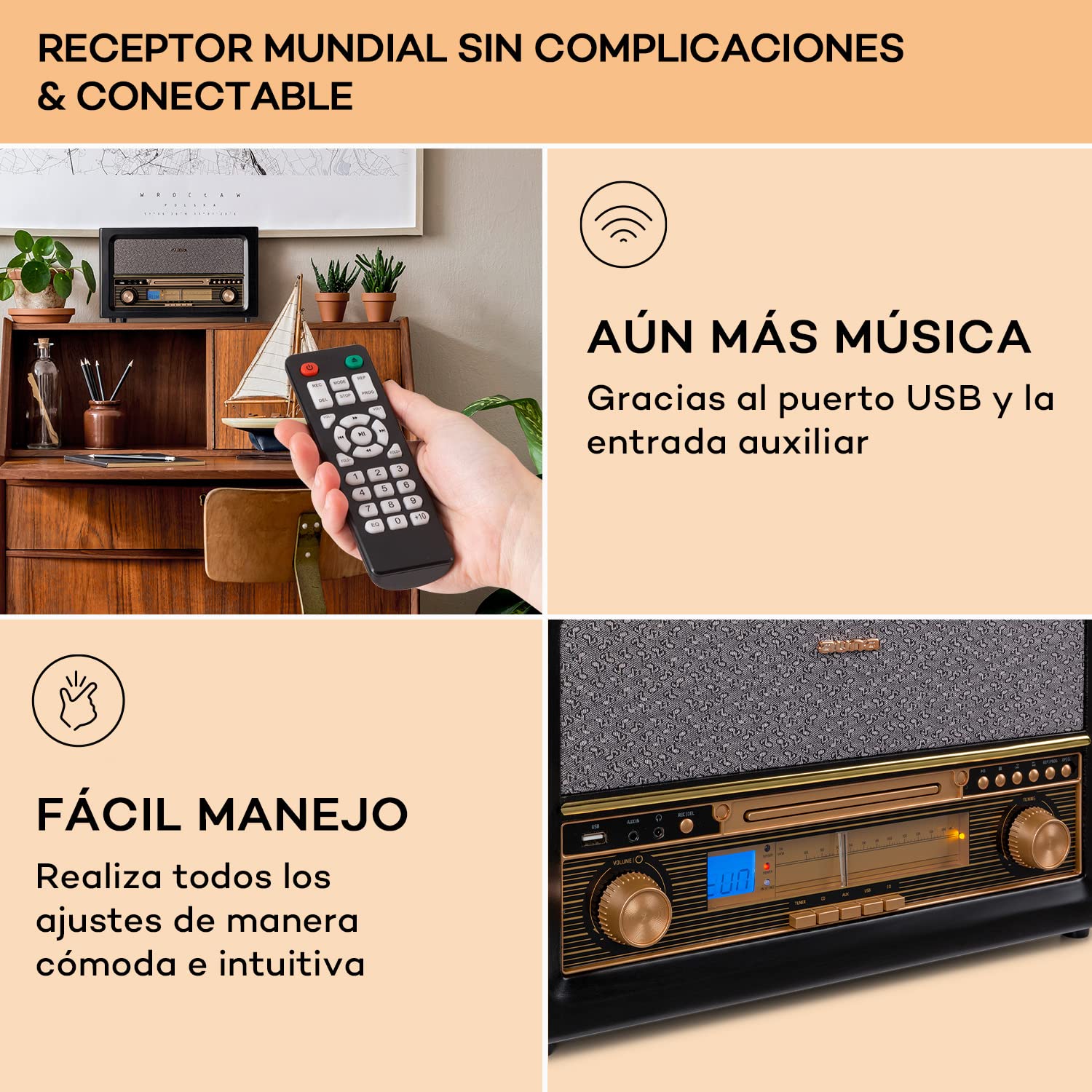 Auna Radio CD, Diseño Retro FM Radio con Sonido Estéreo y AUX, Portatil Madera Altavoces Integrados, Pantalla LC Mando Distancia, Transistores con USB y Entrada MP3 y Auriculares