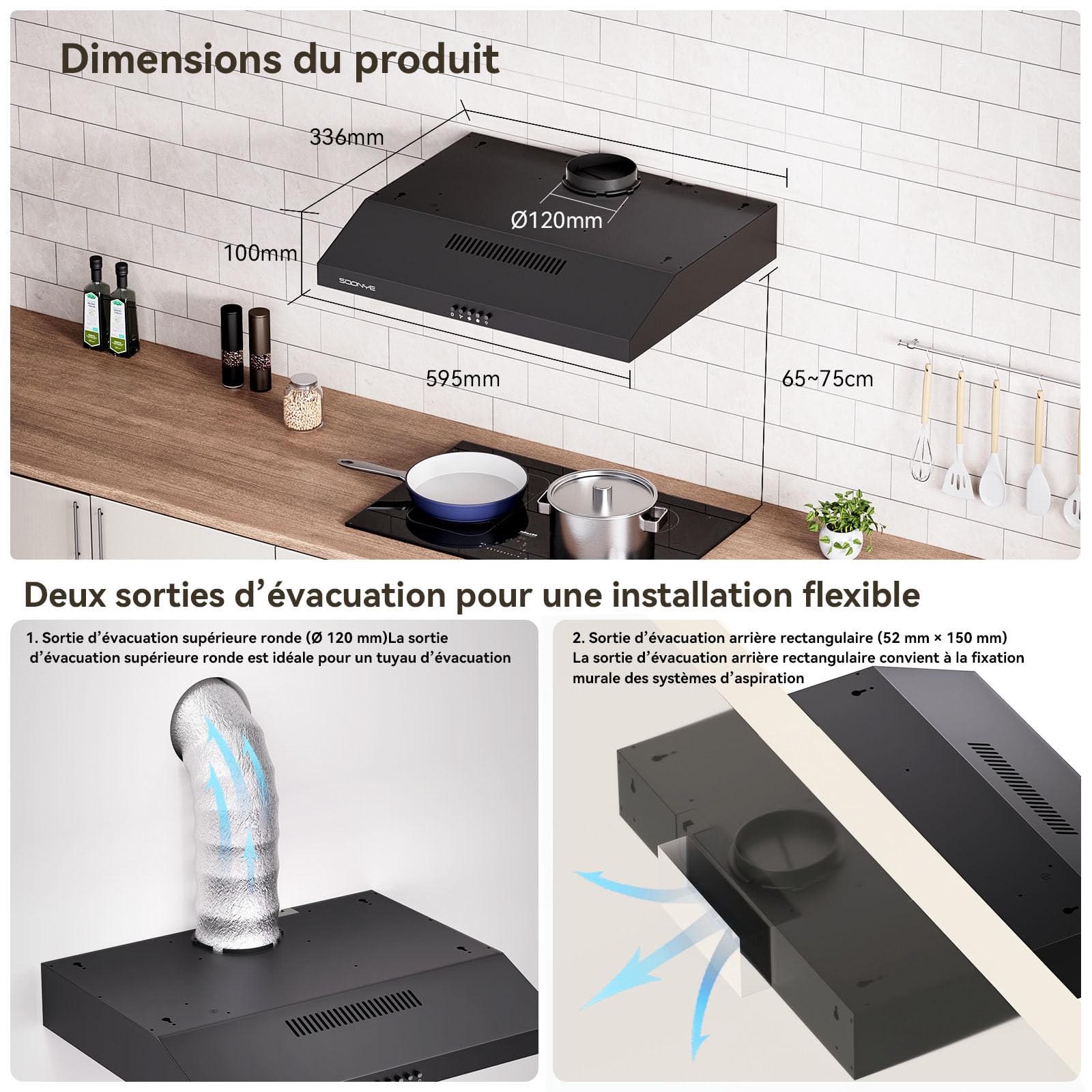 Hotte Aspirante 60cm Classe A+++ 220 m³/h Cuisine Noir