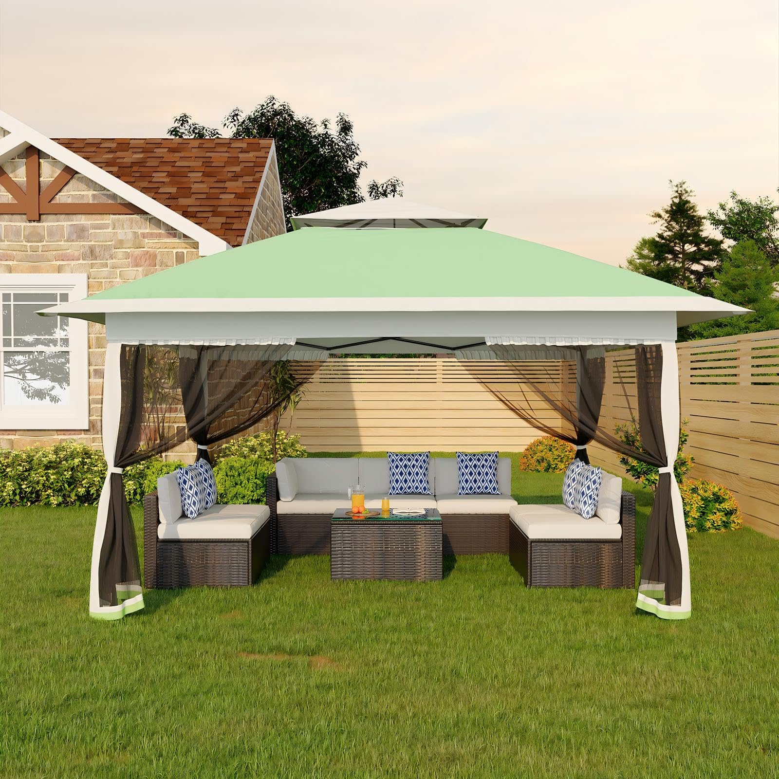 Canopy Tent 13x13 ft, Pop Up Gazebo One-Push Setup with 4 SandBags for Backyard Parties and BBQs, Mosquito Netting & Height Adjustable - Olive Green