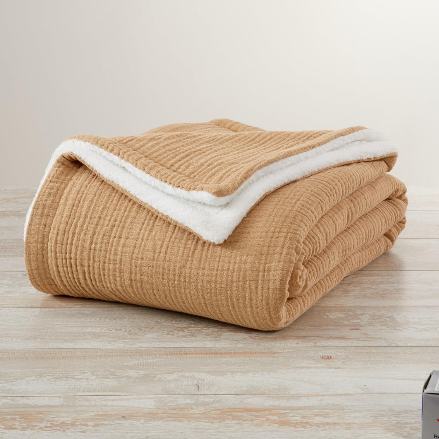 Beige Cotton Muslin Fleece Reversible Throw Blanket