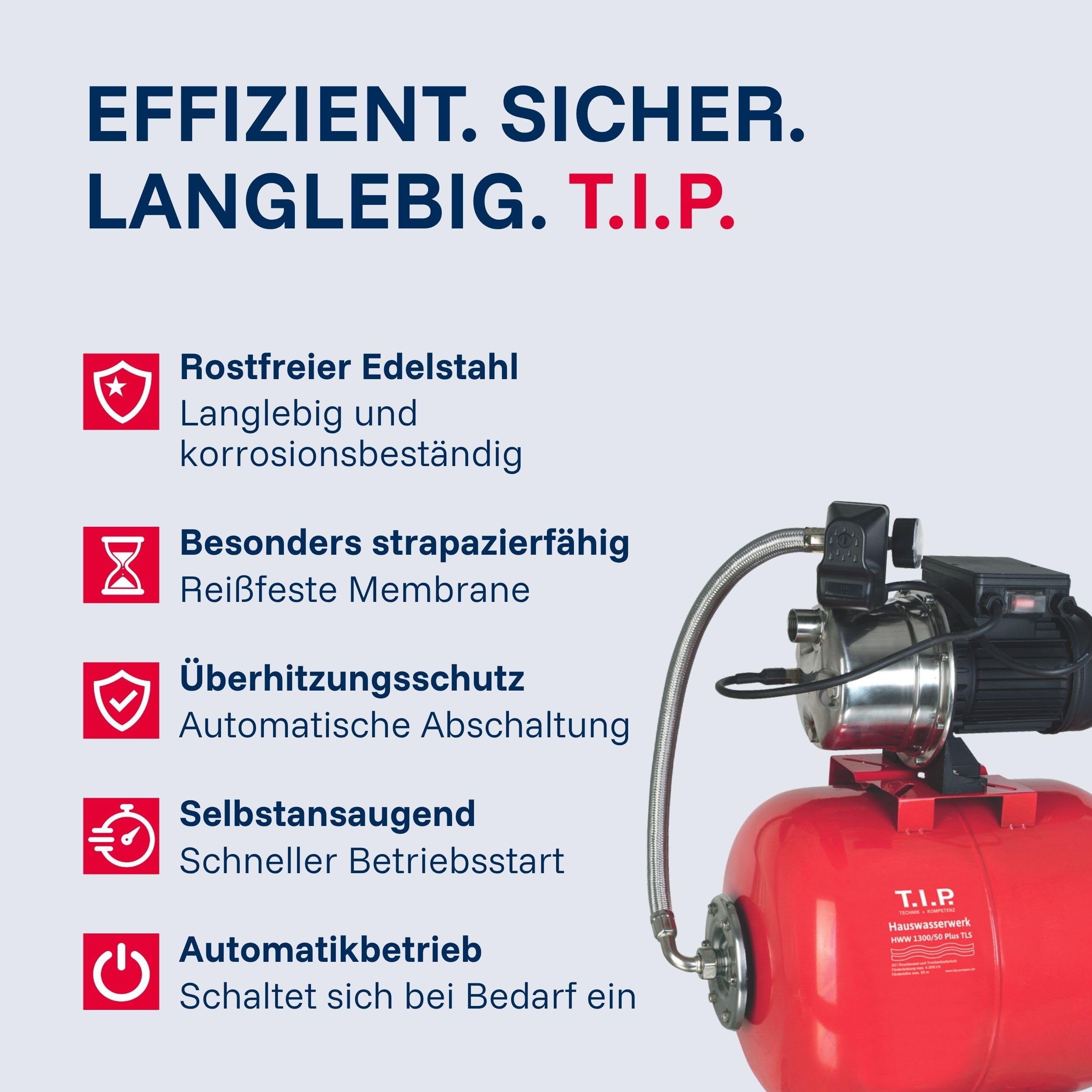 T.I.P. Hauswasserwerk 4200 l/h & 50 L Kessel, Druckerhöhung und Bewässerung | HWW 1300/50 Plus TLS 50L Stahl-Druckkessel, 1200W Leistung, 4200 l/h Fördermenge und 5.0 bar für Haus und Gartenbewässerung
