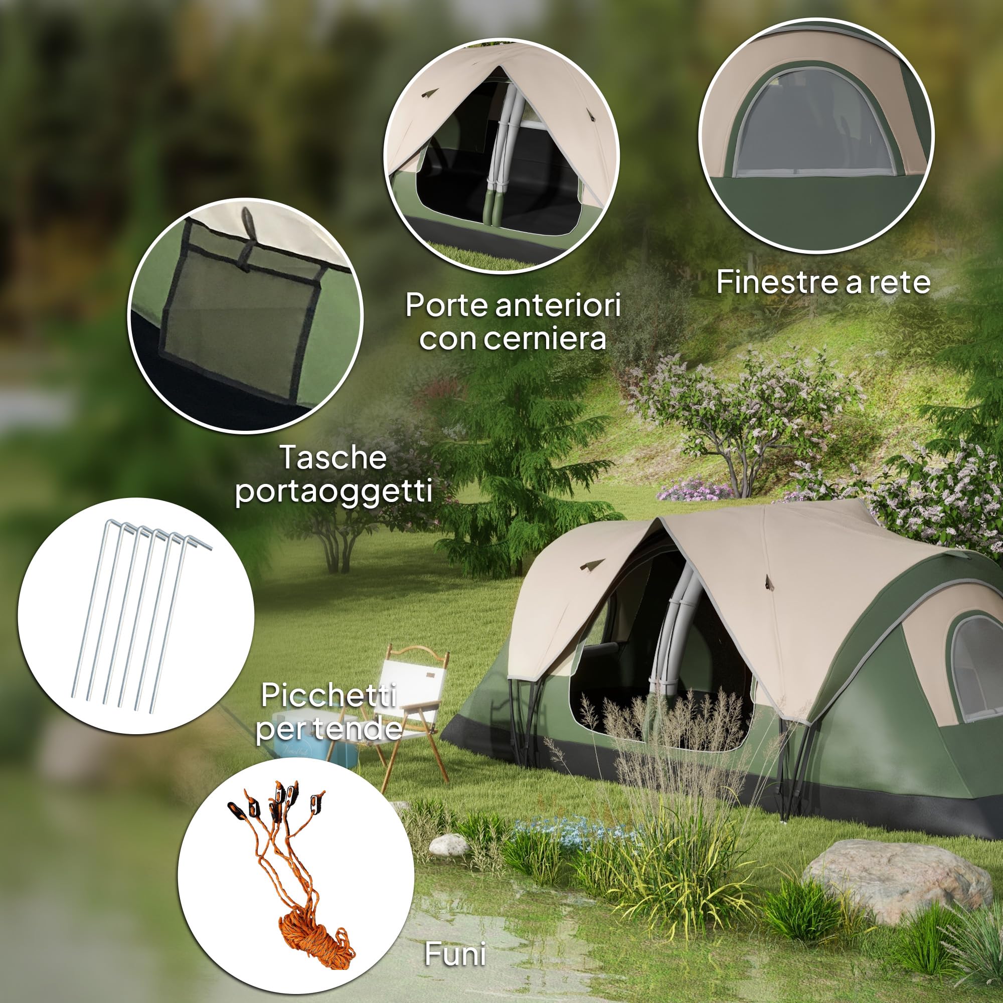 Outsunny Tenda da Campeggio 6-8 Posti 2 Stanze Separate Tunnel Protezione PU2000mm 450x215x180 cm