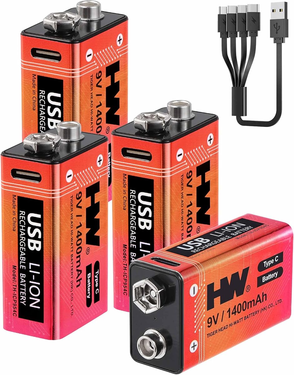 HW 9 Volt Batteries 4 Pack, 1400mAh Rechargeable Lithium Battery 9V with USB C Fast Charging Cable, 1000 Cycles Square Baterias for Smoke Detectors, Fire Alarms, Remote Controls, Clocks and More