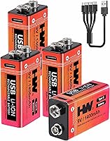 Vista 1 de HW Paquete de 4 baterías de 9 voltios, batería de litio recargable de 1400 mAh de 9 V con cable de carga rápida USB C, baterías cuadradas de más