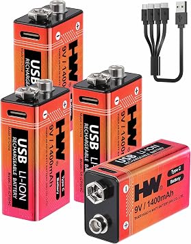 HW 9 Volt Batteries 4 Pack, 1400mAh Rechargeable Lithium Battery 9V with USB C Fast Charging Cable, 1000 Cycles Square Baterias for Smoke Detectors, Fire Alarms, Remote Controls, Clocks and More | 4-pack rechargeable lithium 9V batteries with direct USB-C charging, LED status, 4-in-1 cable and built-in protection.