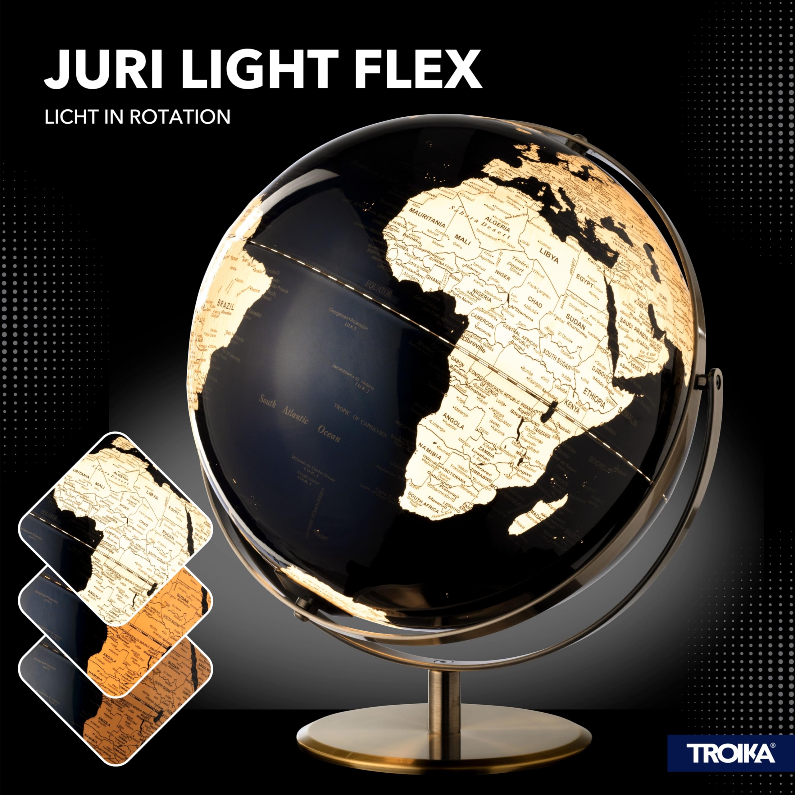 TROIKA Globus beleuchtet dimmbar 30cm JURI LIGHT FLEX Akku betrieben Magnet-USB-C-Kabel Ladeanzeige mit 2 beweglichen Achsen und Kartenrelief auf gebürstetem Metallfuß in bronzefarben, dunkelblau