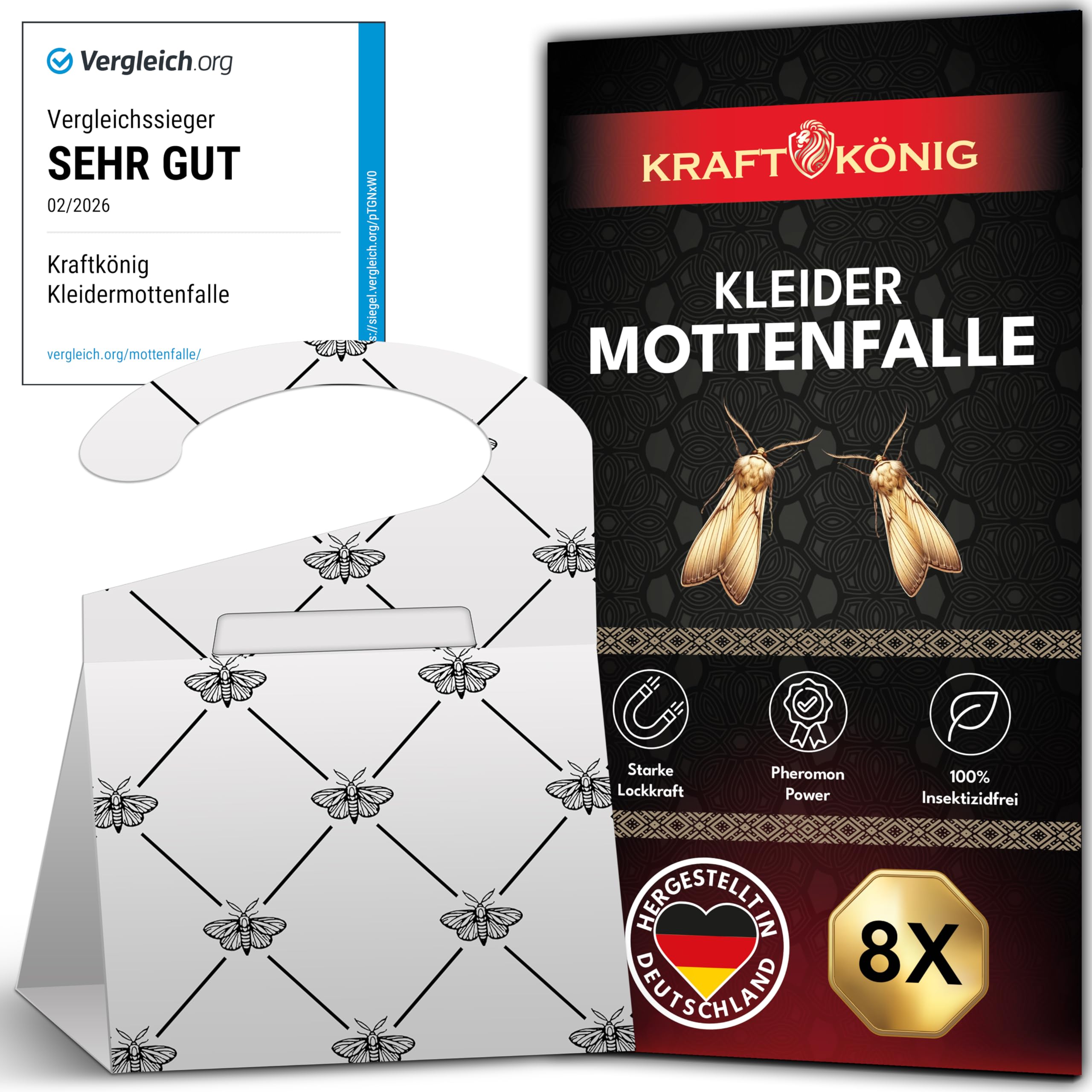 KRAFTKÖNIG Mottenschutz für Kleiderschrank VERGLEICHSSIEGER – 8X Premium Kleidermottenfalle mit Langzeitwirkung – Für Kleiderstangen geeignet – Effektive & geruchlose Mottenfalle