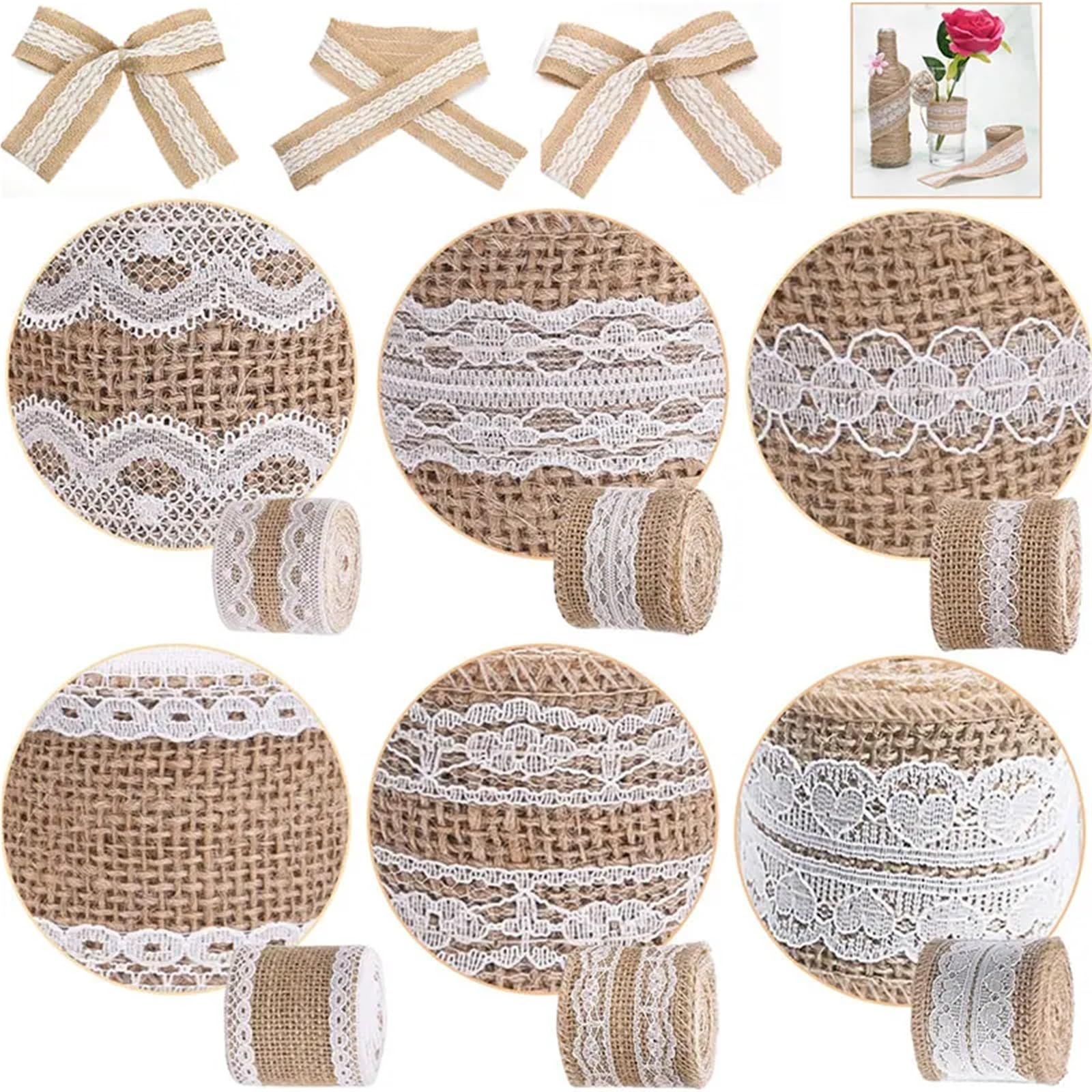wstążka jutowa, Wstążka jutowa jasnobrązowa 1-10 m białe koronkowe wykończenia DIY ślubny wystrój domu(N0.22 Width 5cm,5Meters)