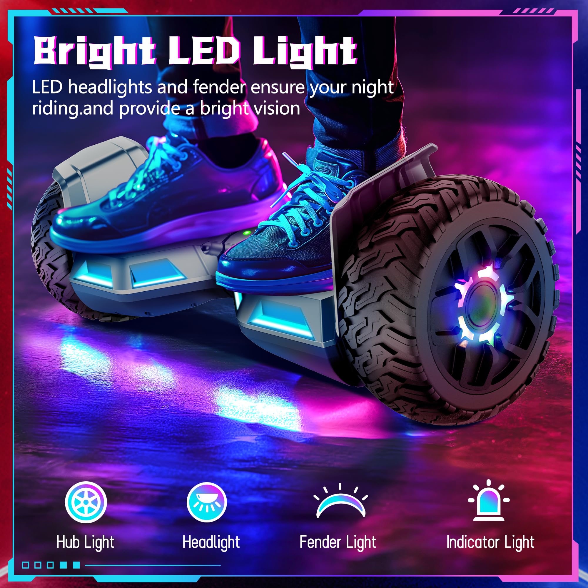 8.5 Pouces All Terrain Off Road Hoverboard Seat Attachment, Scooter with Go Kart for Kids Adults, with Corlorful LED Lights, Bluetooth