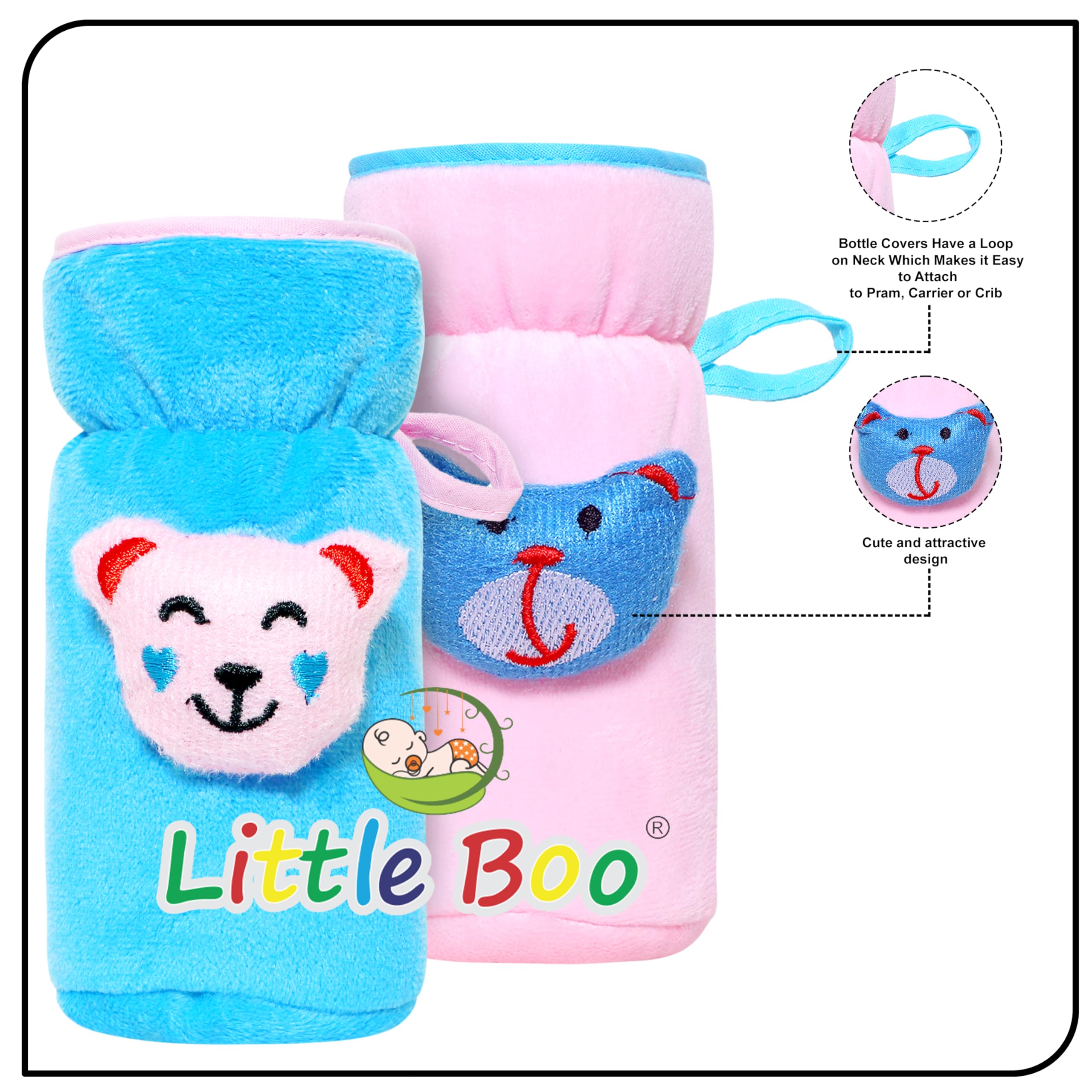 Little Boo Soft Plush Stretchable Baby Feeding Bottle Cover with Easy to Hold Strap | Cute Design Valvet Pack of 2 (Blue and Pink,Narrow Neck Fits Upto 150ml) - Image 5 thumbnail