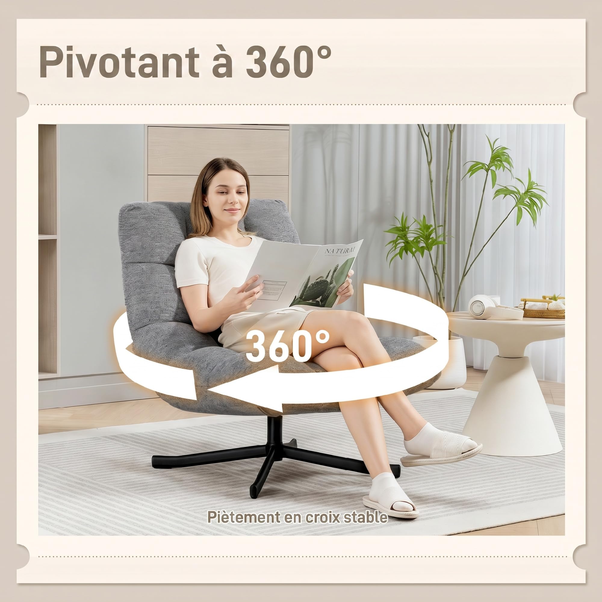 HOMCOM Fauteuil Salon sans Accoudoirs Chaise Pivotante Tissu Chenille Gris | Imperméable, Assise Rembourrée et Large, Pieds Croisés en Acier sans Roulettes, Fauteuil Relax pour Chambre et Salon