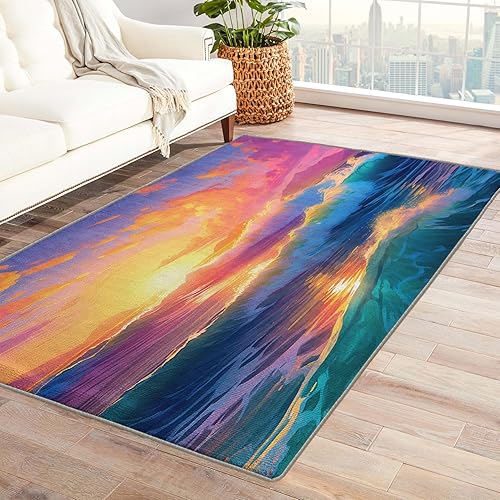 6x8 Rug, Sunset Rugs for Living Room Bedroom, Sea Ocean Area Rug &amp; Bedroom Decor, Washable Non Slip Soft Low Pile Indoor Carpet, Home Decorative