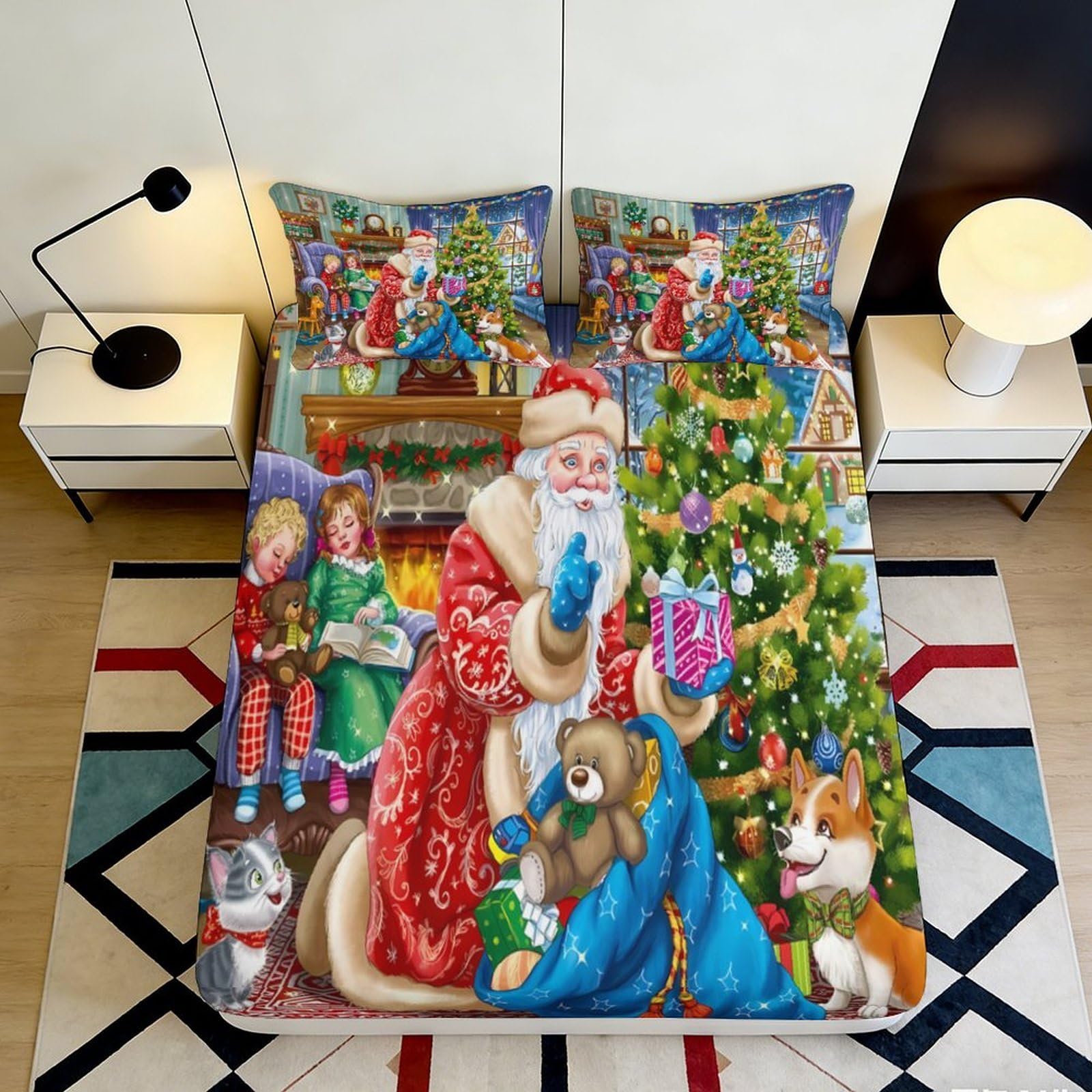 Jqzkxnhpbr Style-4 3D Printed Christmas Santa Fitted Sheet Microfiber Soft Festive Tree Bed Cover For Bedroom Dorm Decorative 90X200x25cm