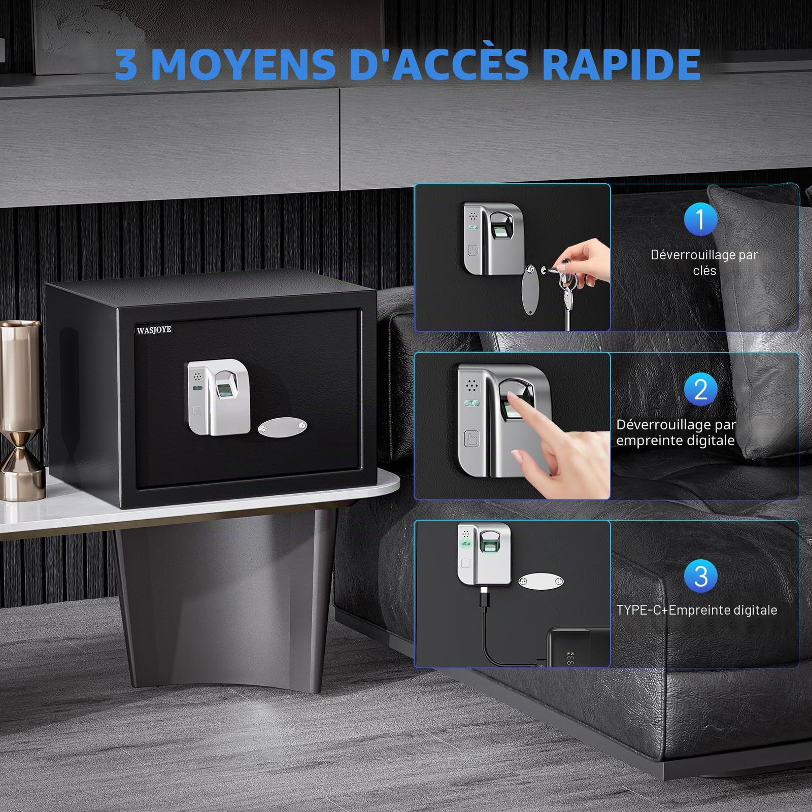WASJOYE 25L Coffre-Fort d'Empreinte Digitale, Biométrique Armoire Coffre-Fort à Domicile avec Clés, Electronique Automatique avec Identification des Doigts pour la Maison, le Bureau, l'Hôtel