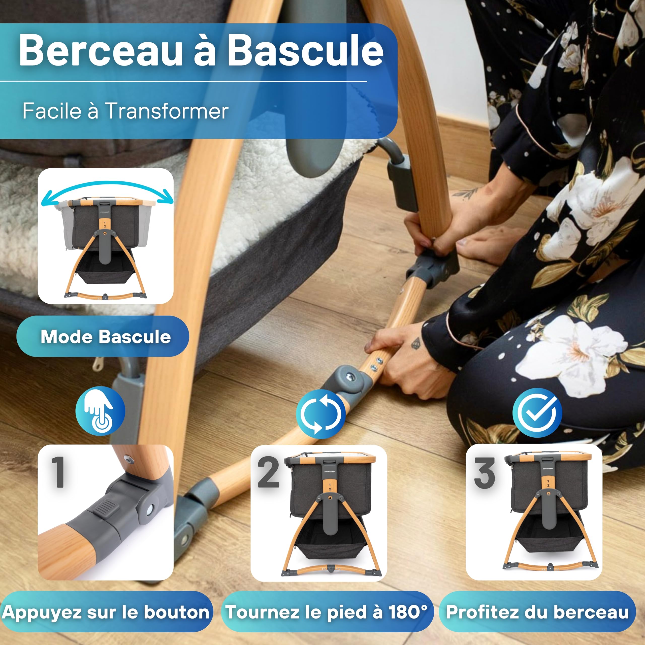 DROMADER Berceau Cododo Évolutif | Lit Bébé à roulettes, 7 Niveaux | Lit cododo, côté rabattable · Réglable sur 7 niveaux · Matelas fourni · Cadre bois à roulettes · Pliable