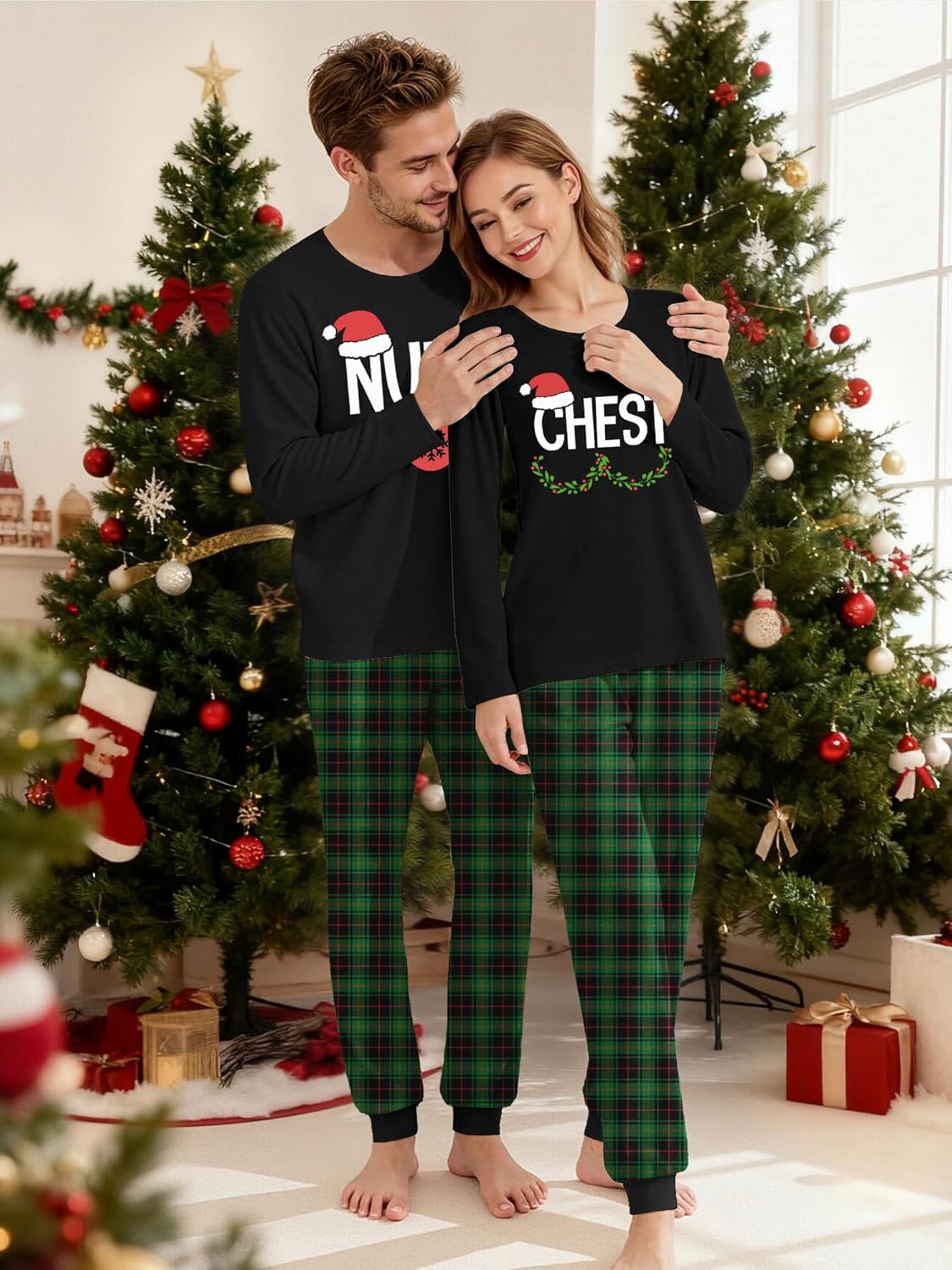 Couple Christmas Pajamas Chest Nuts Christmas T Shirt Matching Sets Women Clothing Xmas Sleepwear for Women Her Girlfriend Black XL - Image 5