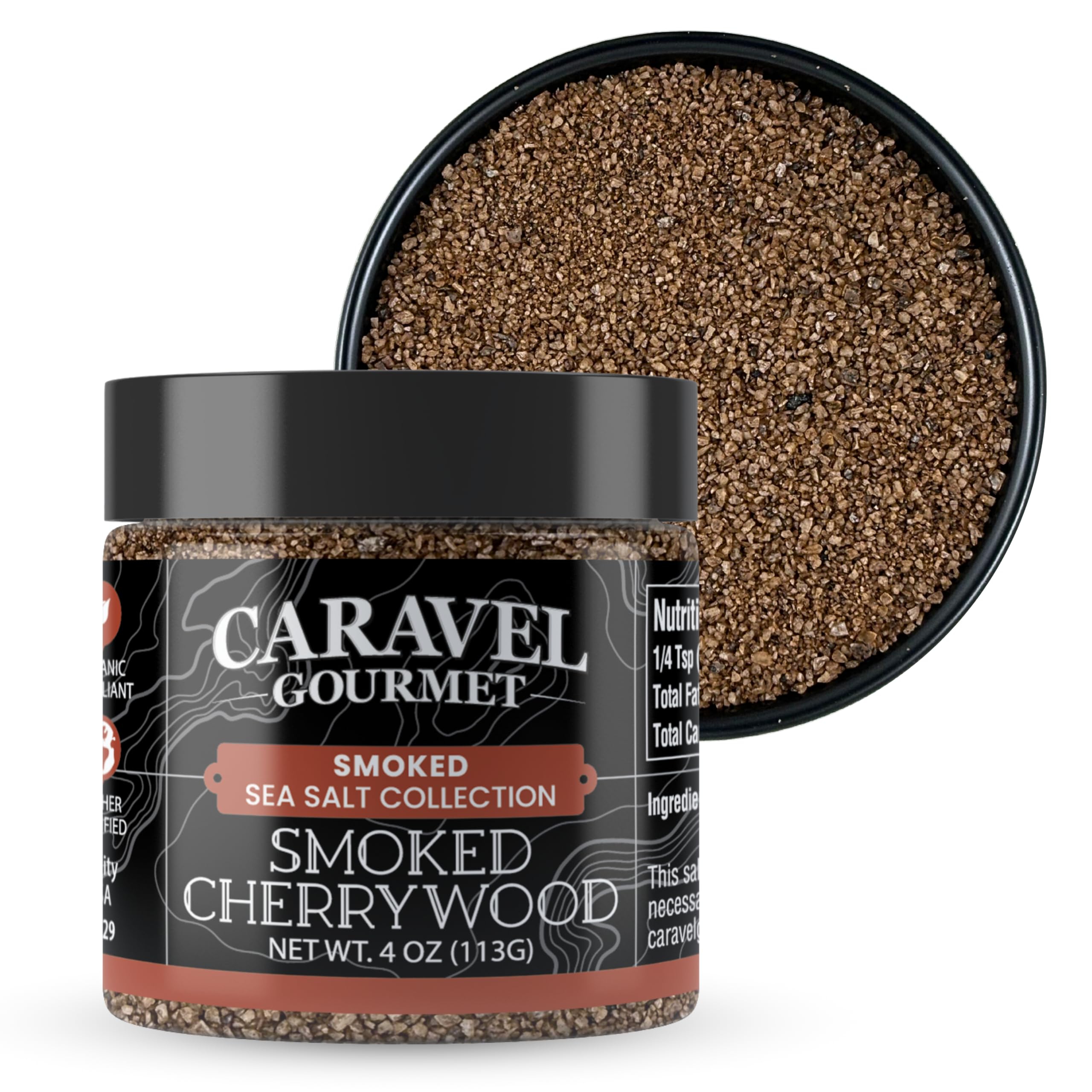 Smoked Cherrywood Fine Sea Salt - All-Natural Sea Salt Slowly Smoked for Perfect Smoky Flavor - No Gluten, No MSG, Non-GMO, Kosher - for Cooking or Finishing - 4 oz Jar - Caravel Gourmet