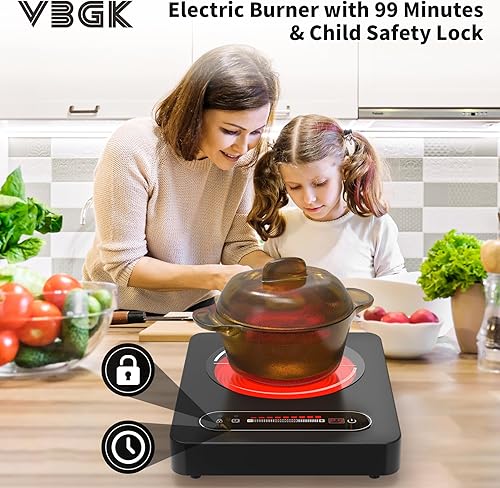 Miniatura 6 de VBGK Cocina eléctrica de un solo quemador, estufa de 110 V 1800 W con control táctil LED, 9 niveles de potencia, temporizador, bloqueo de seguridad,