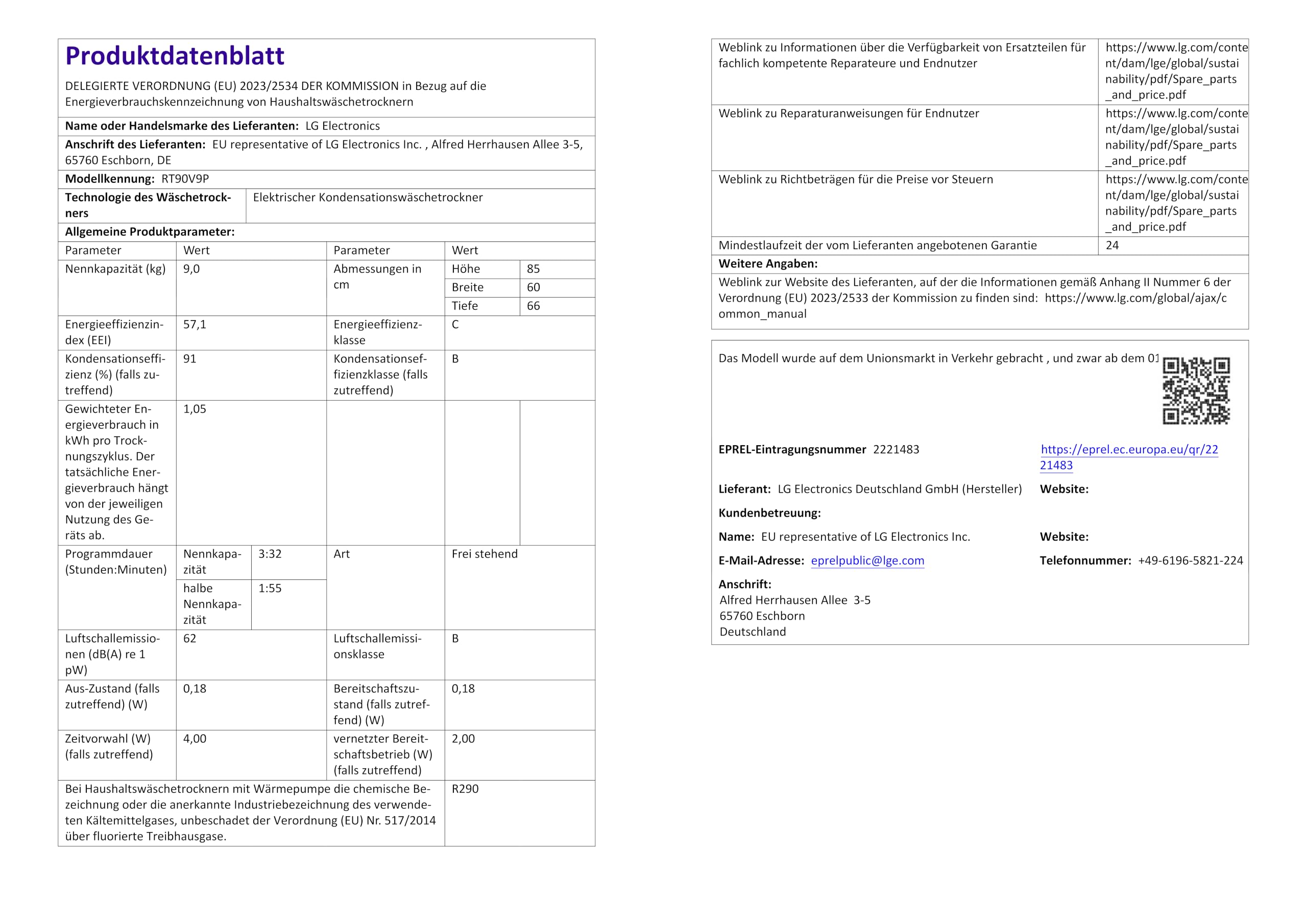 LG RT90V9P Wärmepumpentrockner – 9 kg Kapazität, Dual Inverter Technologie, Automatisch selbstreinigender Kondensator, Sensor Dry, Allergy Care, Reversive Trommel, Smart Diagnosis, ThinQ App, Weiß