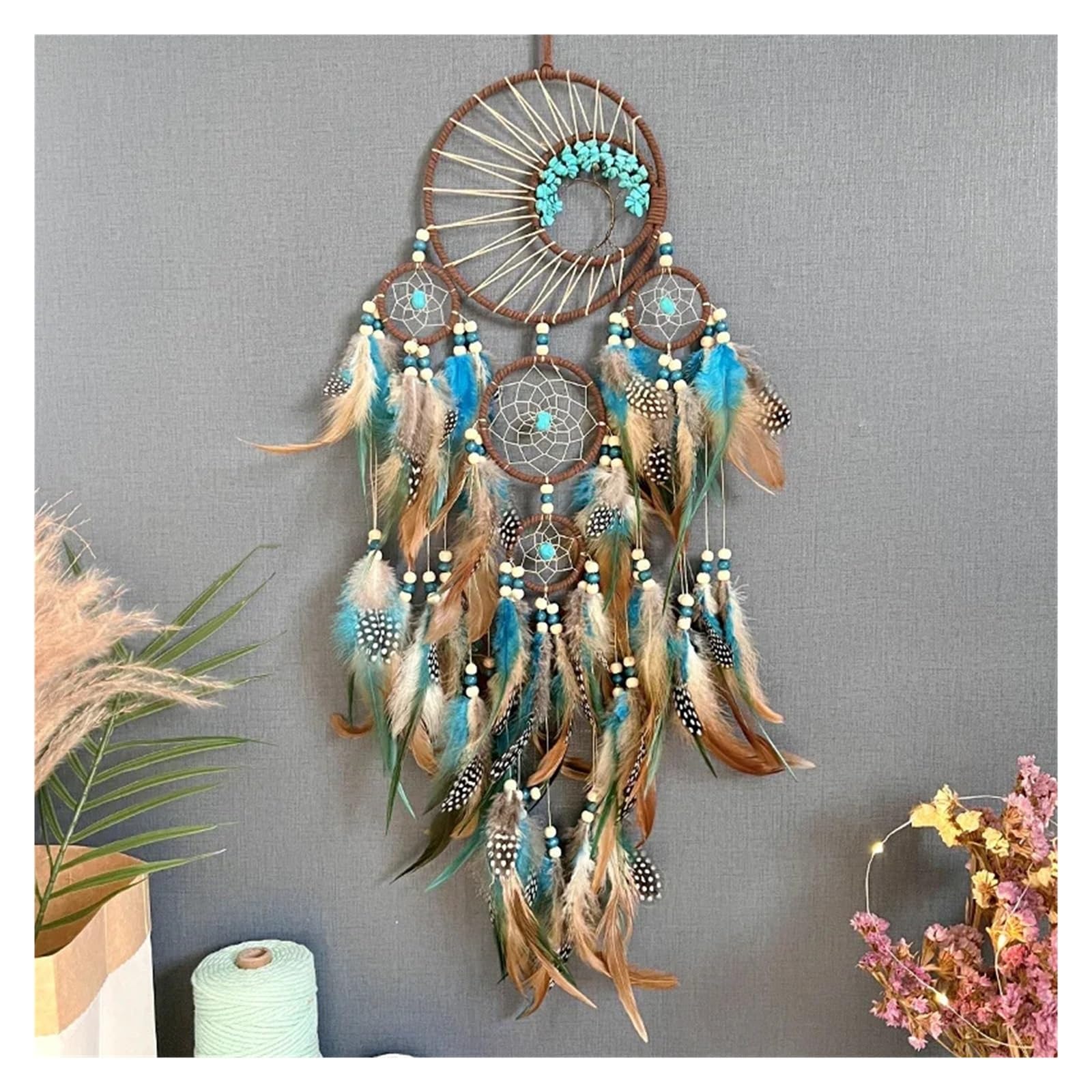 Dream Catcher Dream catchers Retro 5 Ring Catchers Home Decoration Natural Dreamcatcher Wall Hanging(A01)