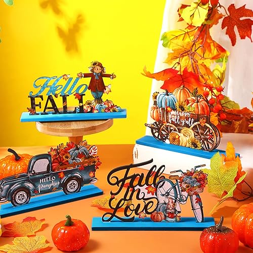 Miniatura 5 de Huwena 4 piezas de decoración de mesa de madera de otoño azul, centros de mesa de cosecha de otoño, gnomo, calabaza, camión, bicicleta, letrero de