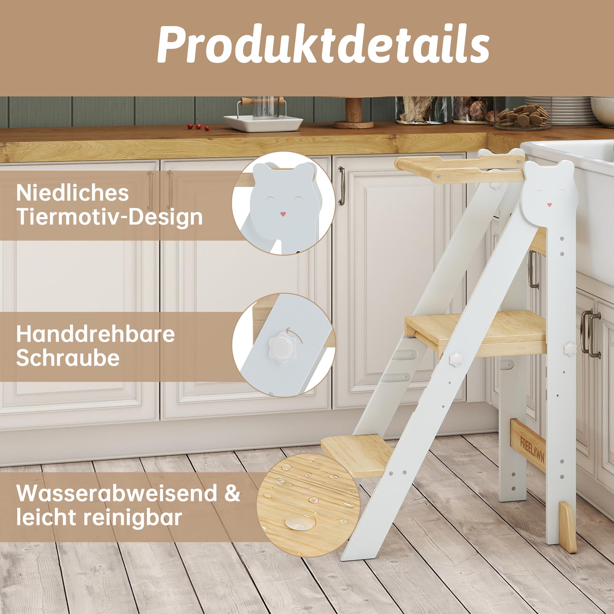 Lernturm Klappbar & 3-Fach Höhenverstellbar - Kippsicherer Learning Tower aus Kiefernholz - Mitwachsender Trittschemel für Kinder (1-5 Jahre) - Stabiler Küchenhelfer & Entdeckerturm (Weiß)