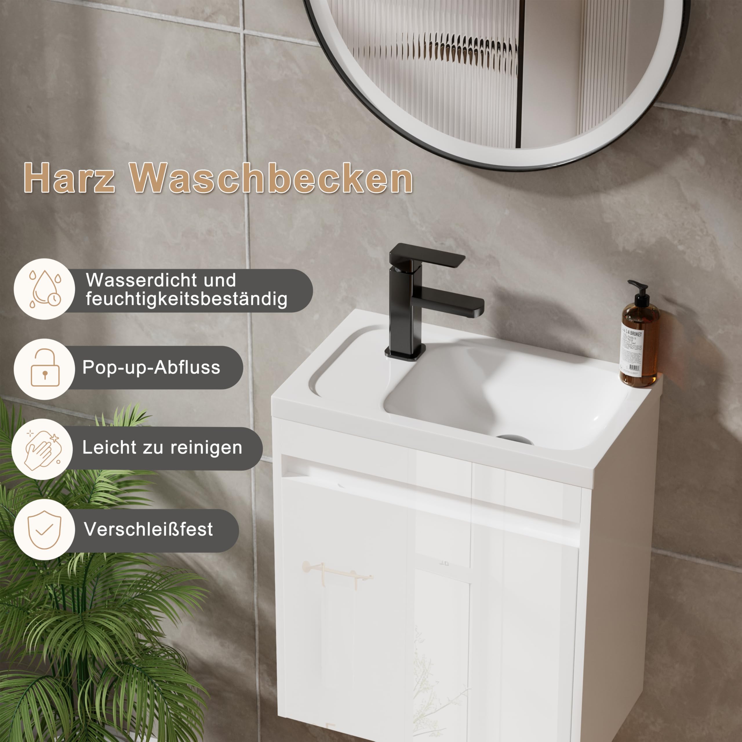 UEV Umywalka z szafką dolną 50,5 cm, WC dla gości, umywalka z szafką pod umywalkę, wisząca szafka pod umywalkę, zestaw mebli łazienkowych, biała