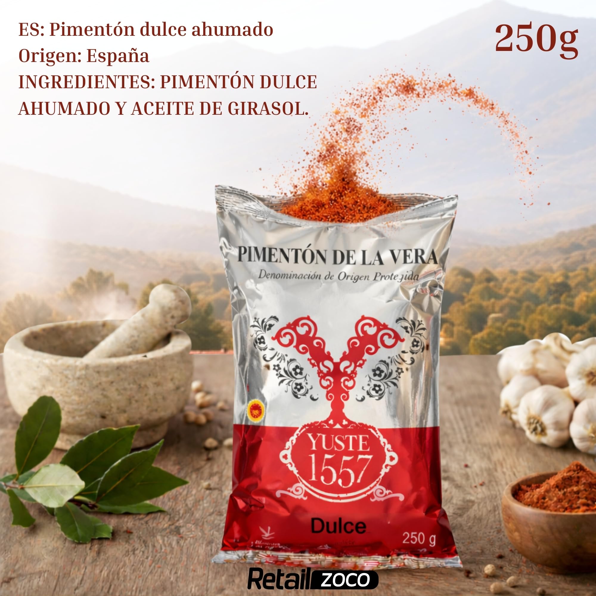 Pimentón de la Vera Ahumado Dulce, Denominación Origen Protegida, Pimentón Yuste 1557, Producido en Extremadura, Ideal para guisos, carnes, salsas y platos tradicionales, 1 bolsa de 250 gr