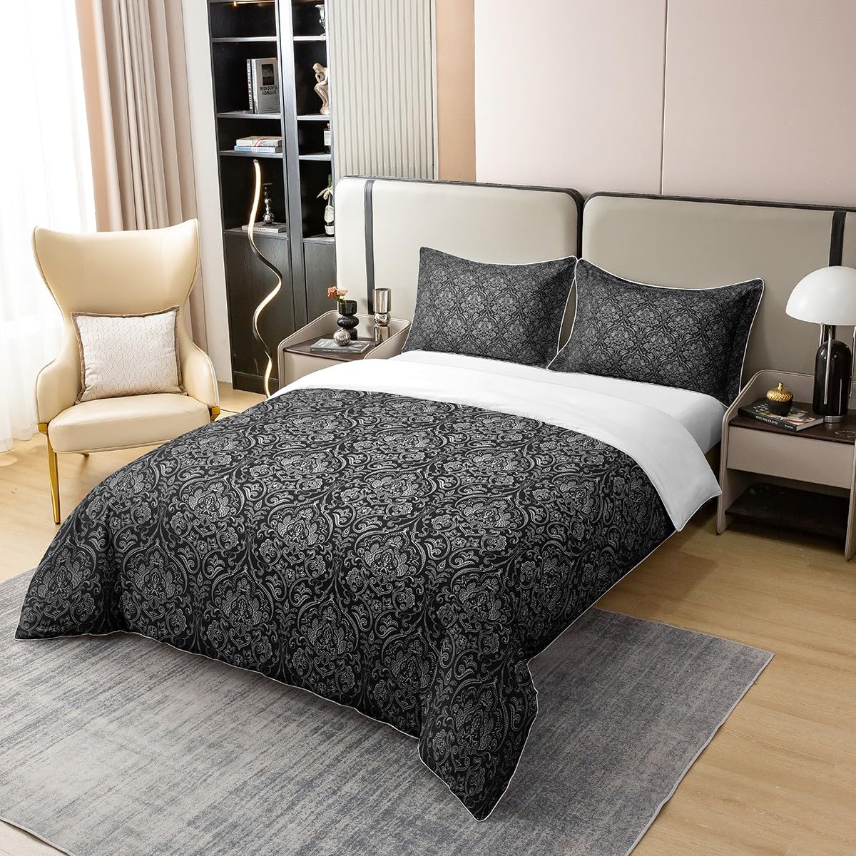 100 Percent Cotton Black Grey Ombre Gothic Bedding Set for Adults Men Super King,Antique Victorian Baroque Floral Comforter Cover Boho Damask Duvet Cover Exotic Floral Bohemian Bedspread Cover - Image 3