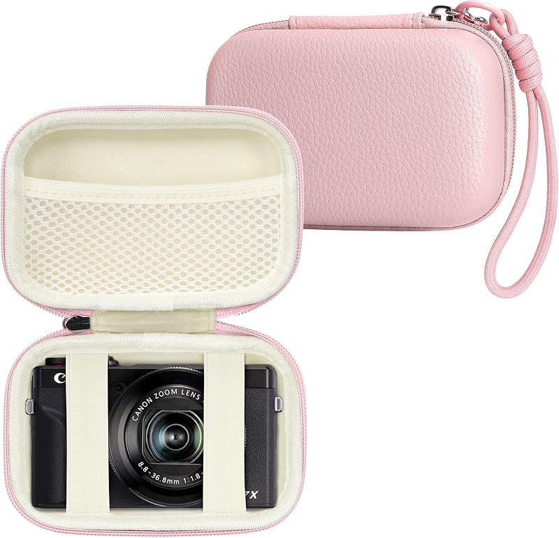Digital Camera Case for Canon G7X Mark II III, Case Only, Pink | Fits Canon SX740 HS, Sony ZV-1 Series, RX100 VII, Hard Shell EVA Case with Wrist Lanyard and Mesh Pocket for Accessories