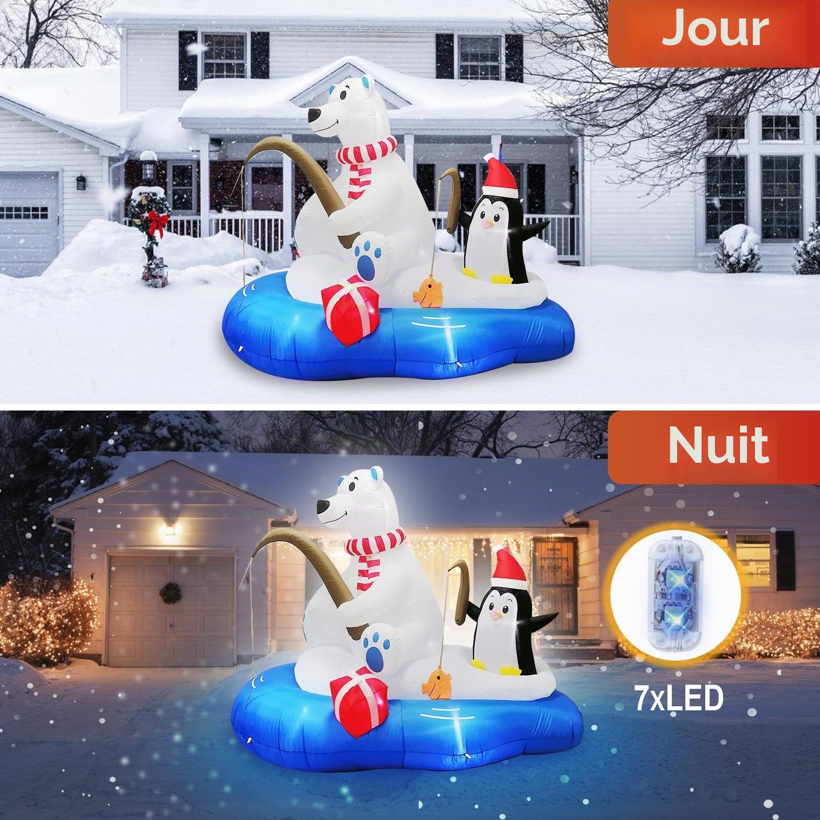 Ours de Noël Gonflable de 180 cm avec Pingouin, Ours Polaire et Pingouin avec 7 lumières LED Lumineuses intégrées pour décorations de Noël dans Le Jardin