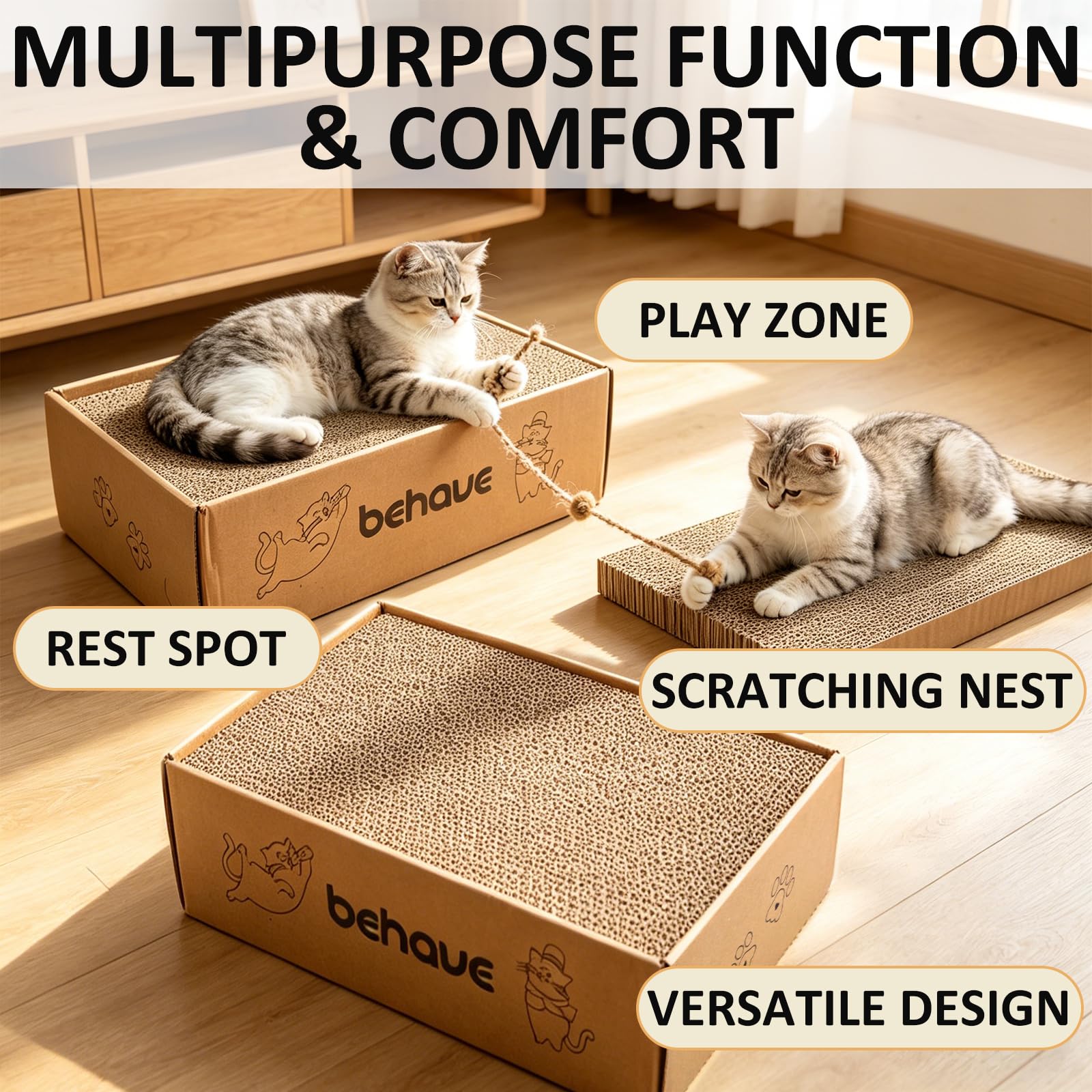 AKOLAFE Rascador para gatos con caja, 5 unidades, cartón rascador de doble cara para gatos, 40 x 24 x 2,5 cm, tablas para rascar gatos, casa de gatos, caja de cartón para rascar para gatos de interior