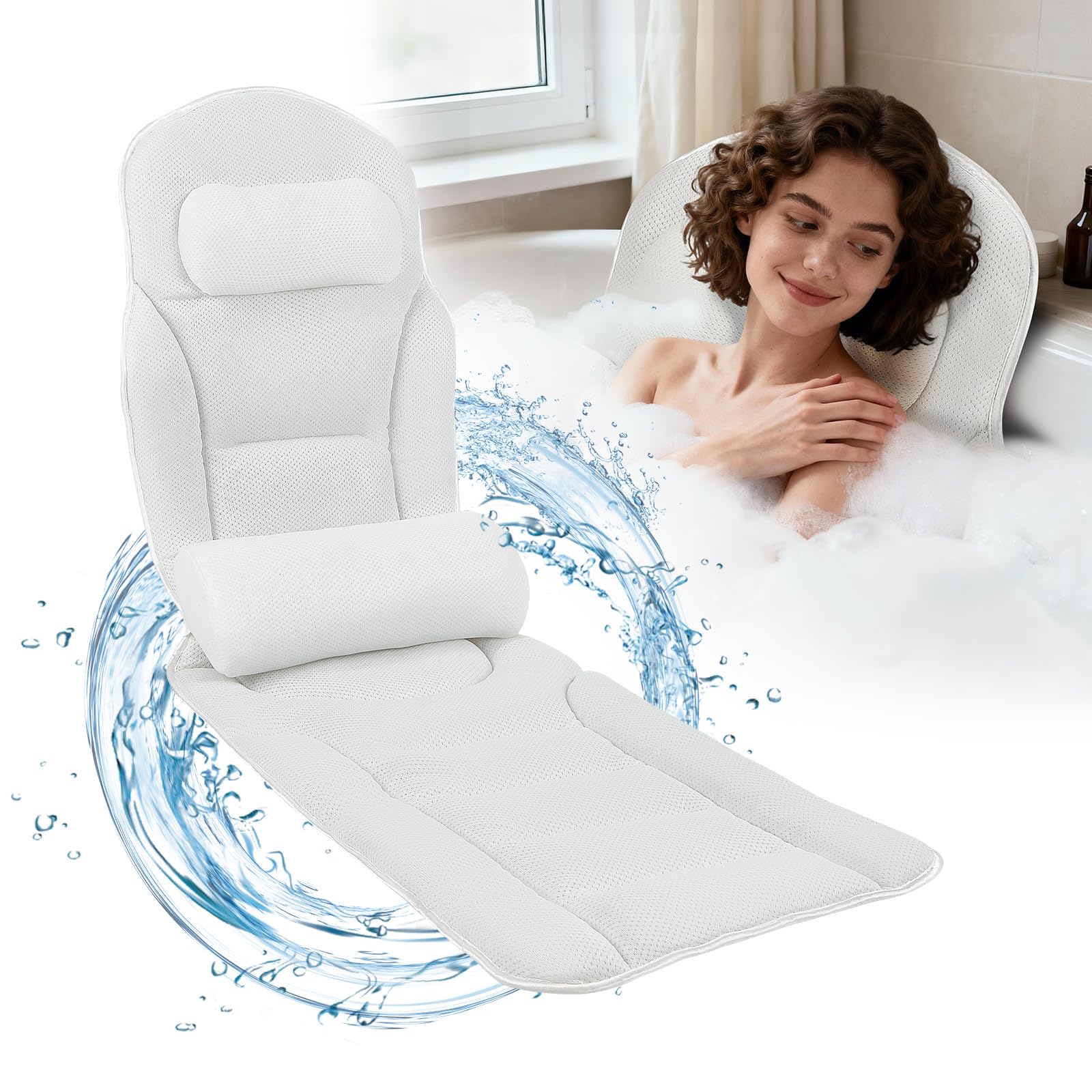 Coussin de Bain Complet, Oreiller de Bain pour Baignoire 131x38cm, Matelas Baignoire avec Appui-tête et Coussin Lombaire Amovible, Crochet de Suspension, Soutien de la Nuque et du Dos(Blanc)