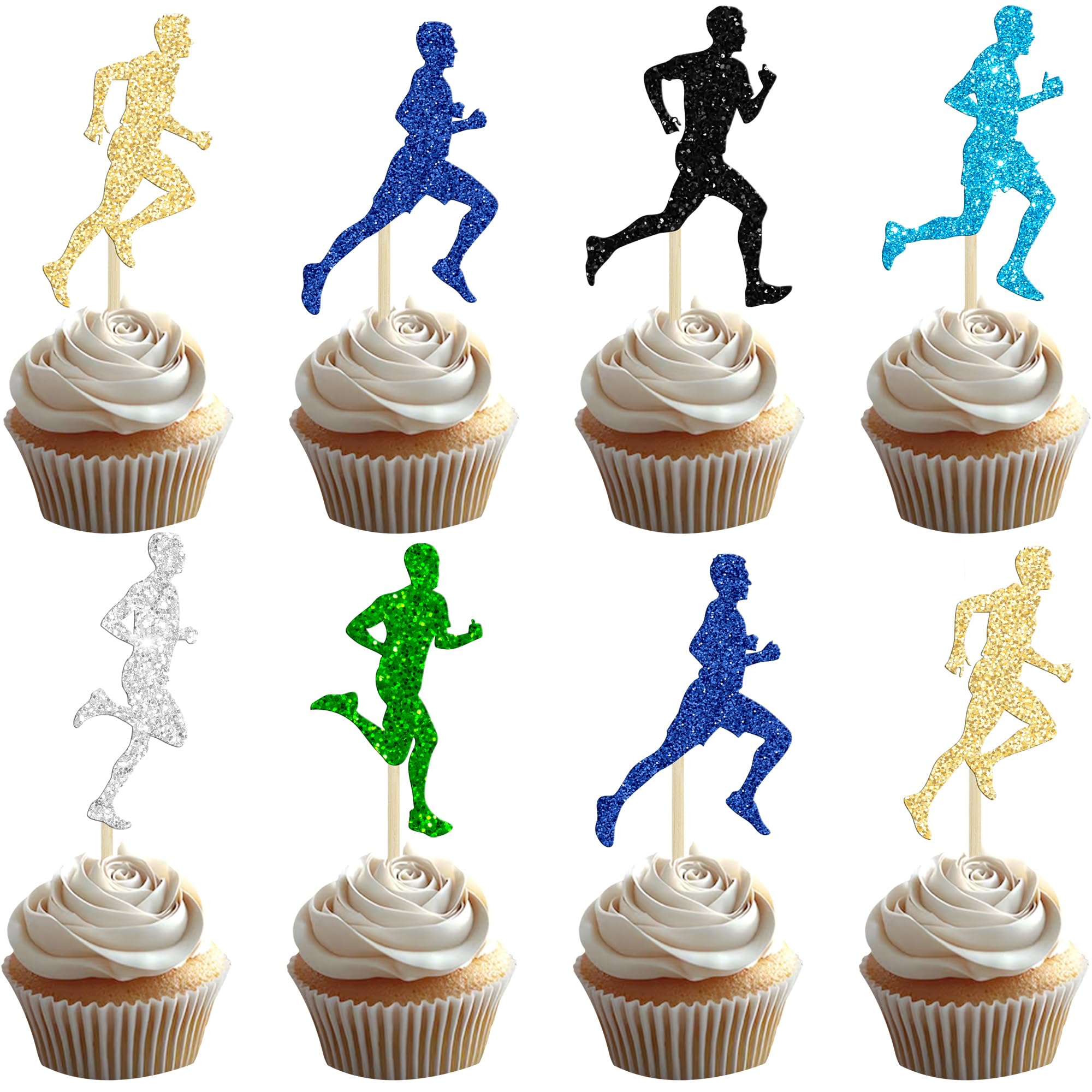 Ephlyn 30Pcs Running Cupcake Toppers Colorful Glitter Men Sports Fitness Cupcake Picks for Running Theme Boys Marathon Birthday Party Cake Decorations Supplies