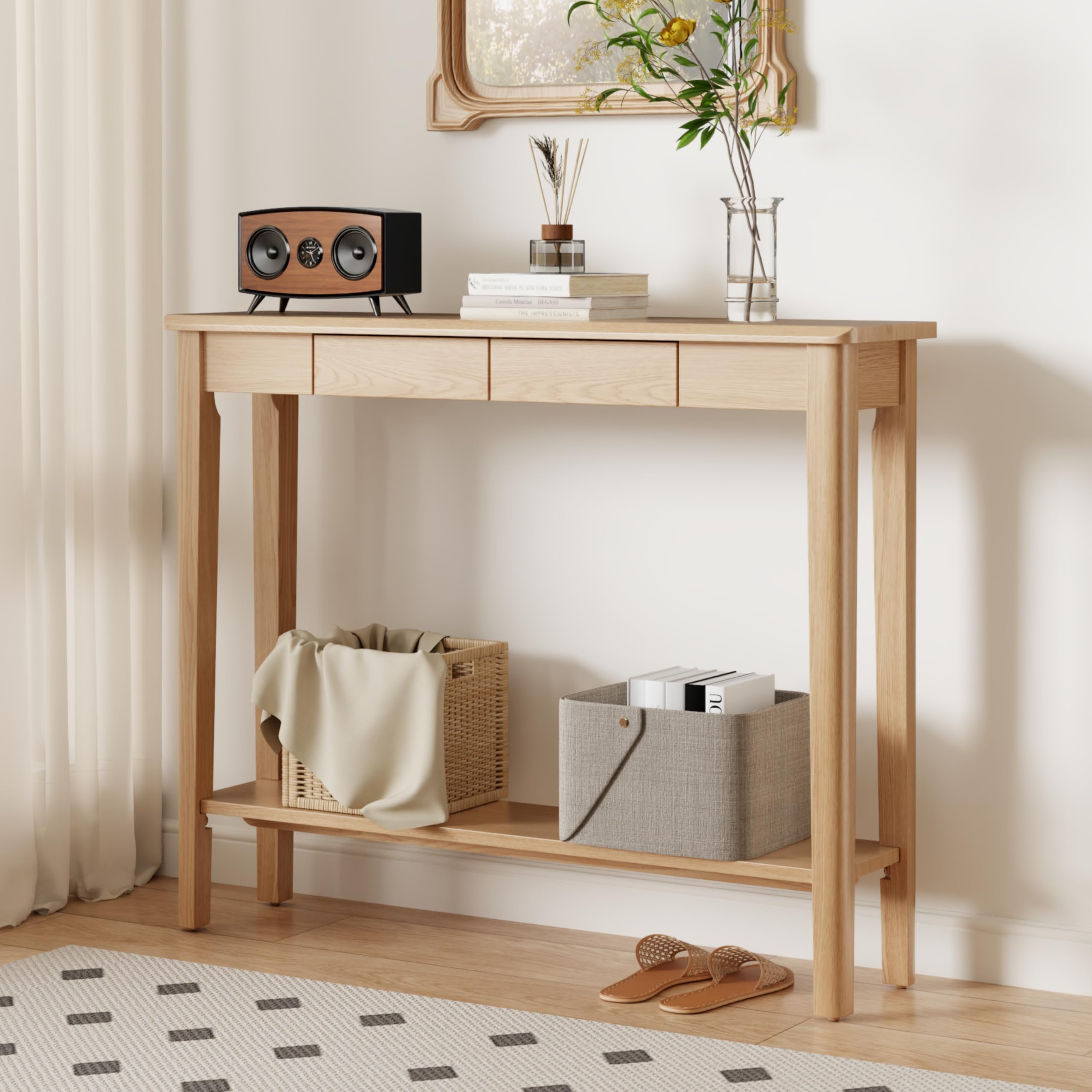 AQIMUELE Wood Console Table with Drawers, Mid Century Modern Console Table Walnut for Entryway, Living Room, Hall Way.