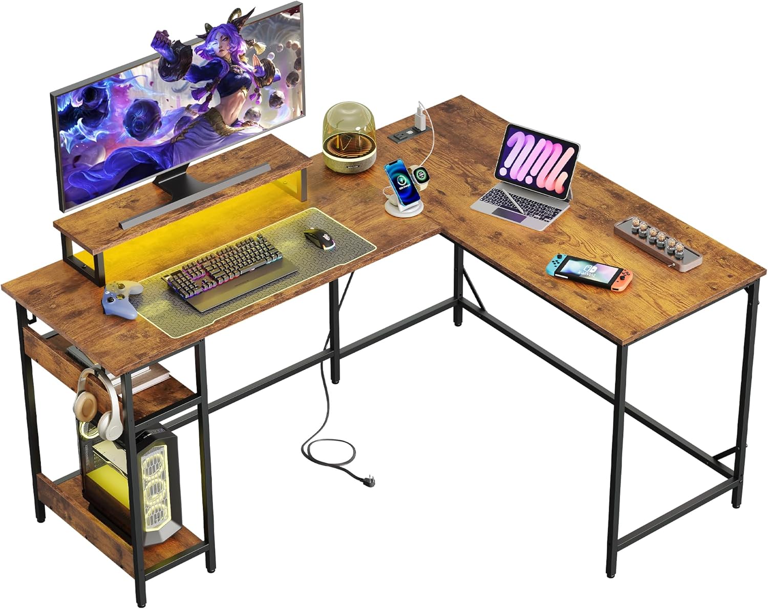 DEVAISE 60 Inch L Shaped Gaming Desk with LED Lights & Power Outlets, Corner Desk for Small Spaces, Sturdy PC Computer Table with Storage for Home Office, Rustic Brown