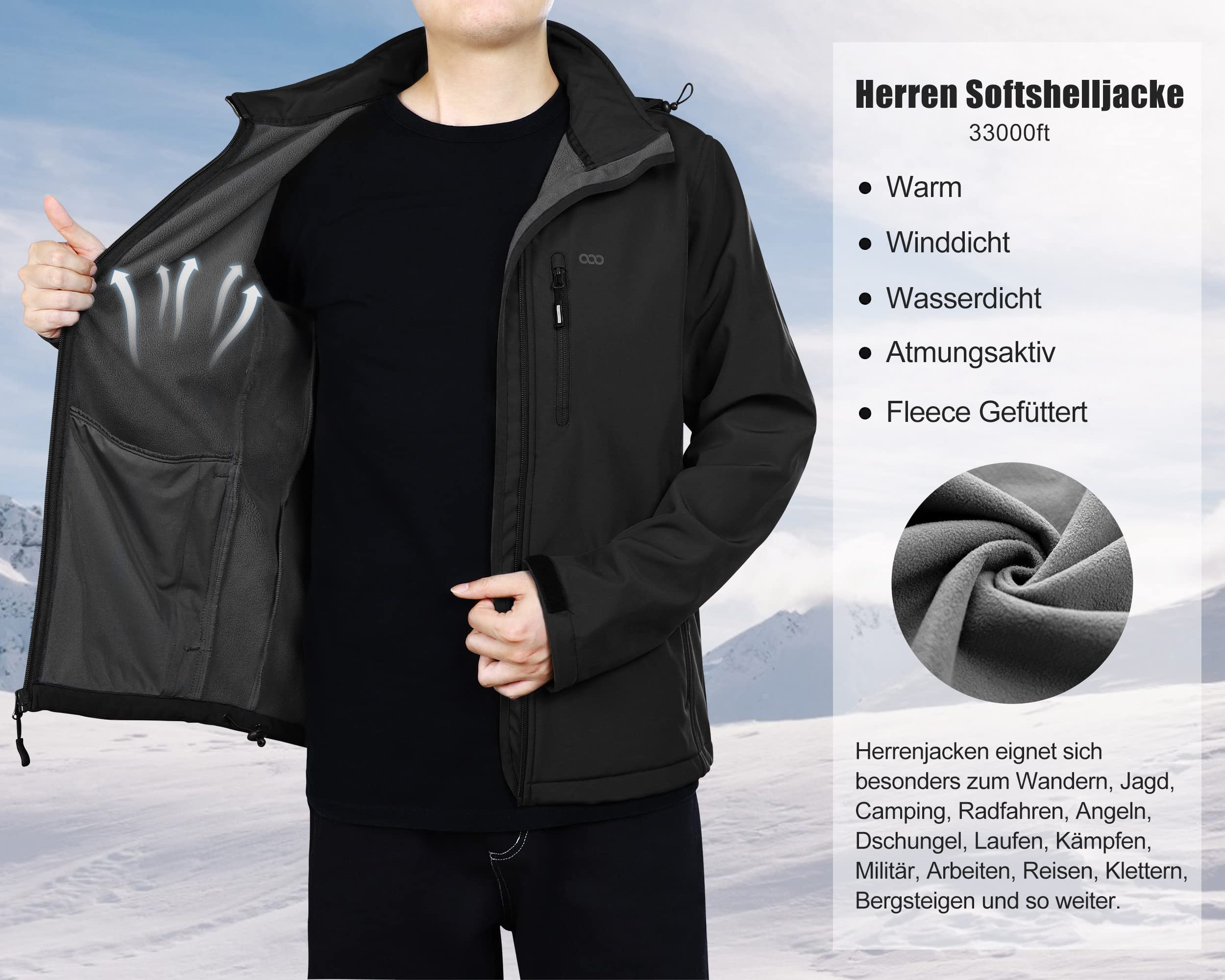 33,000ft Softshelljacke für Herren Wasserdicht Winterjacke Winddicht Warme Fleece Gefüttert Windbreaker Funktionsjacke Outdoorjacke für Wandern Fahrrad Camping